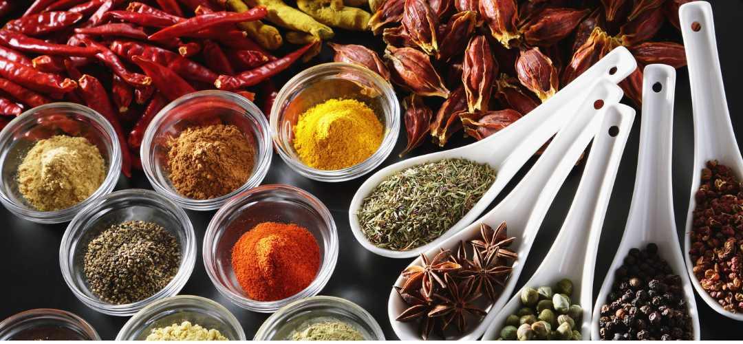 Palette colorée des épices Fuchs : paprika rouge, curcuma orange, safran jaune, basilic vert, cannelle brune, poivre noir et ail blanc