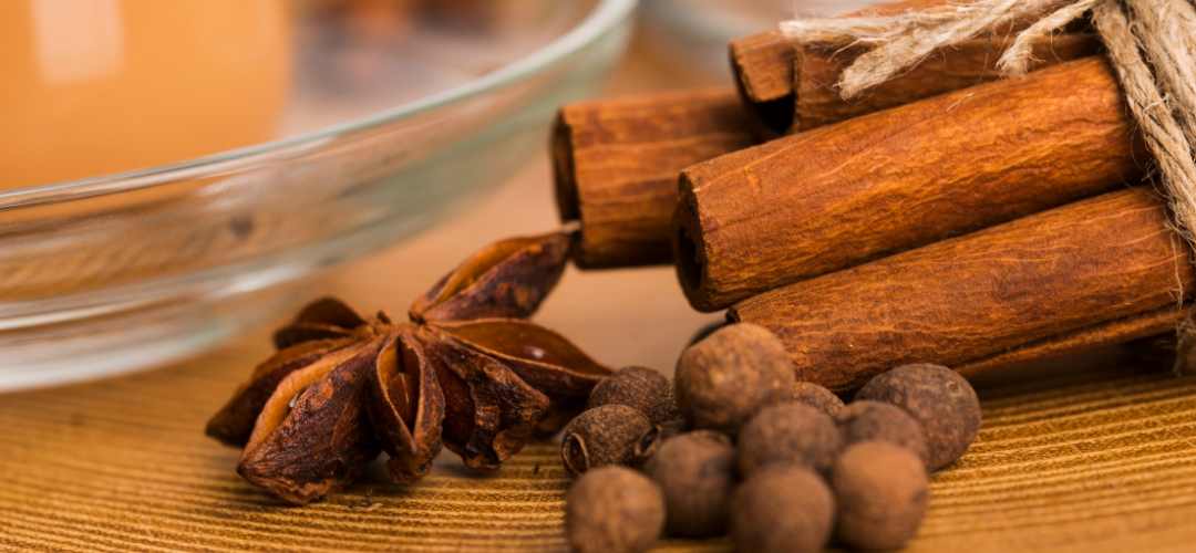 Mélange d'épices chaï maison avec cannelle en poudre, bâtons, capsules de cardamome et clous de girofle Épices Fuchs