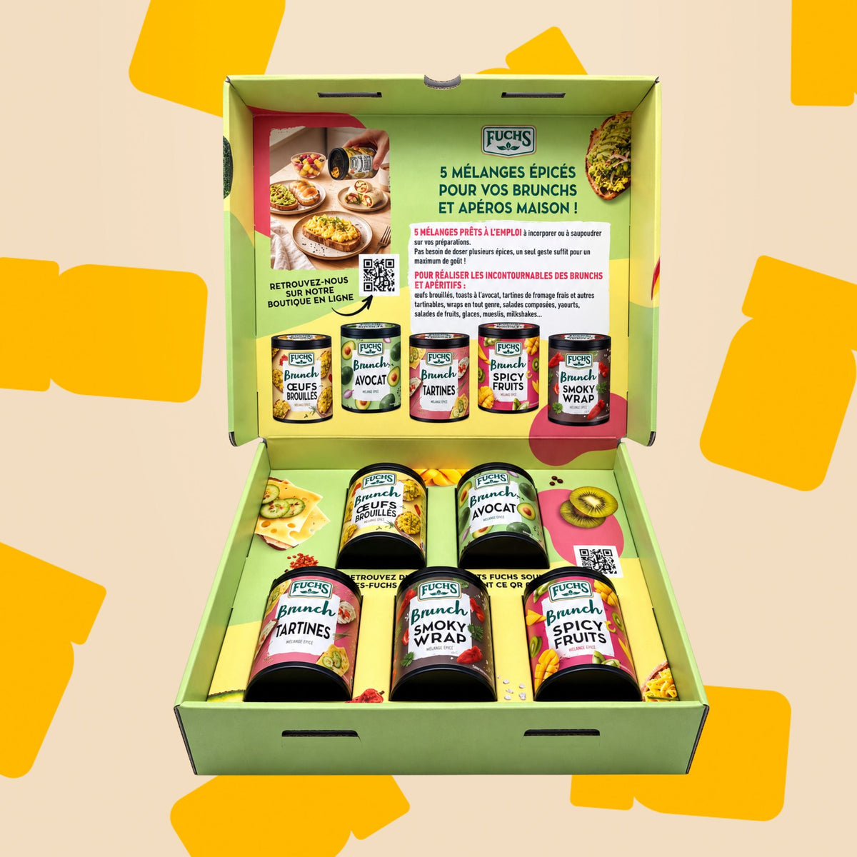 Coffret de mélange d'épices pour préparer des brunchs. 5 mélange Fuchs pour des brunchs salés et sucrés.