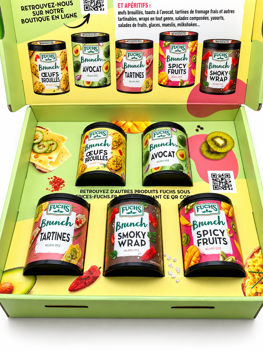 Coffret de mélange d'épices pour préparer des brunchs. 5 mélanges épicés Fuchs pour des brunchs salés et sucrés.