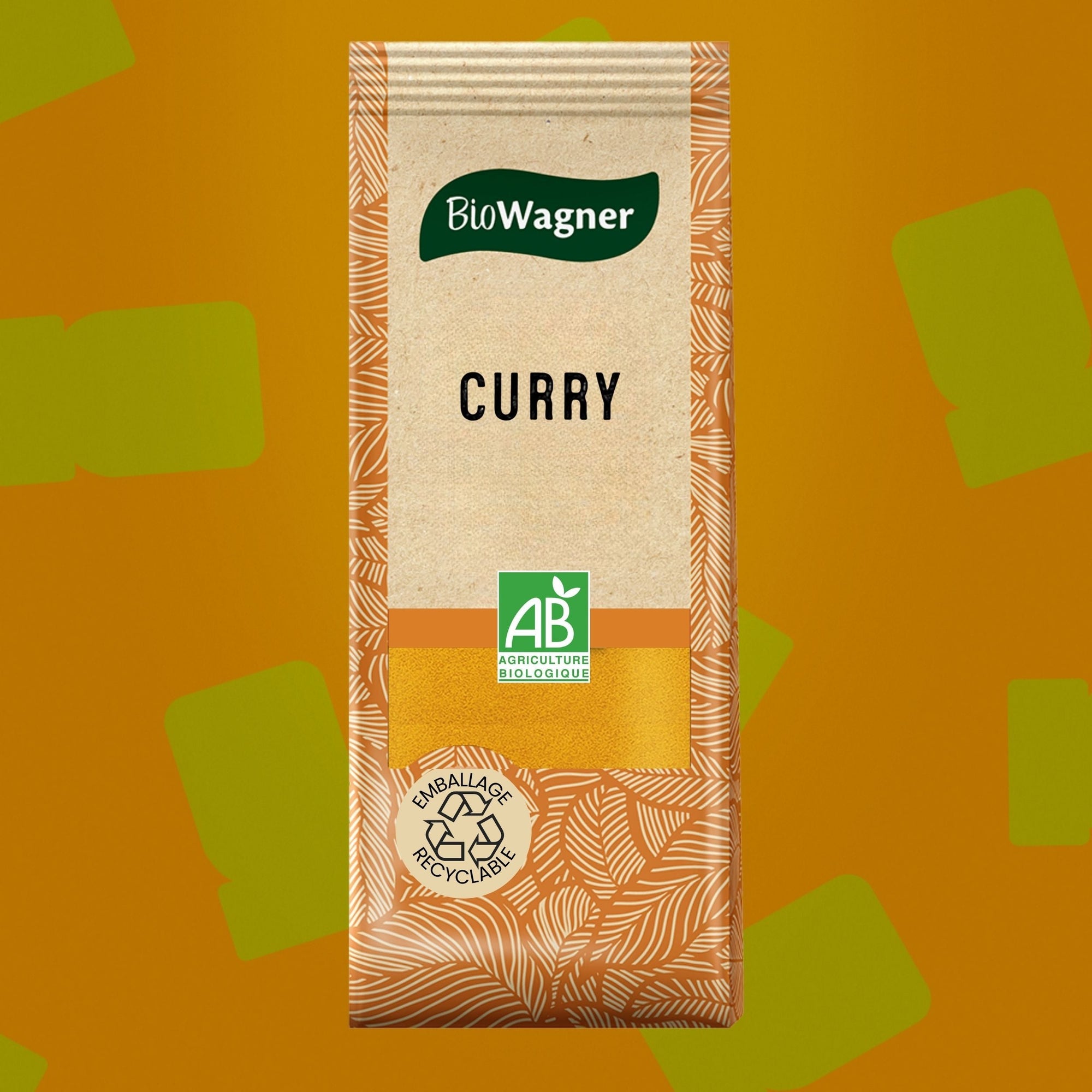 Sachet Biowagner curry bio 40g sur fond oncre avec étiquette verte