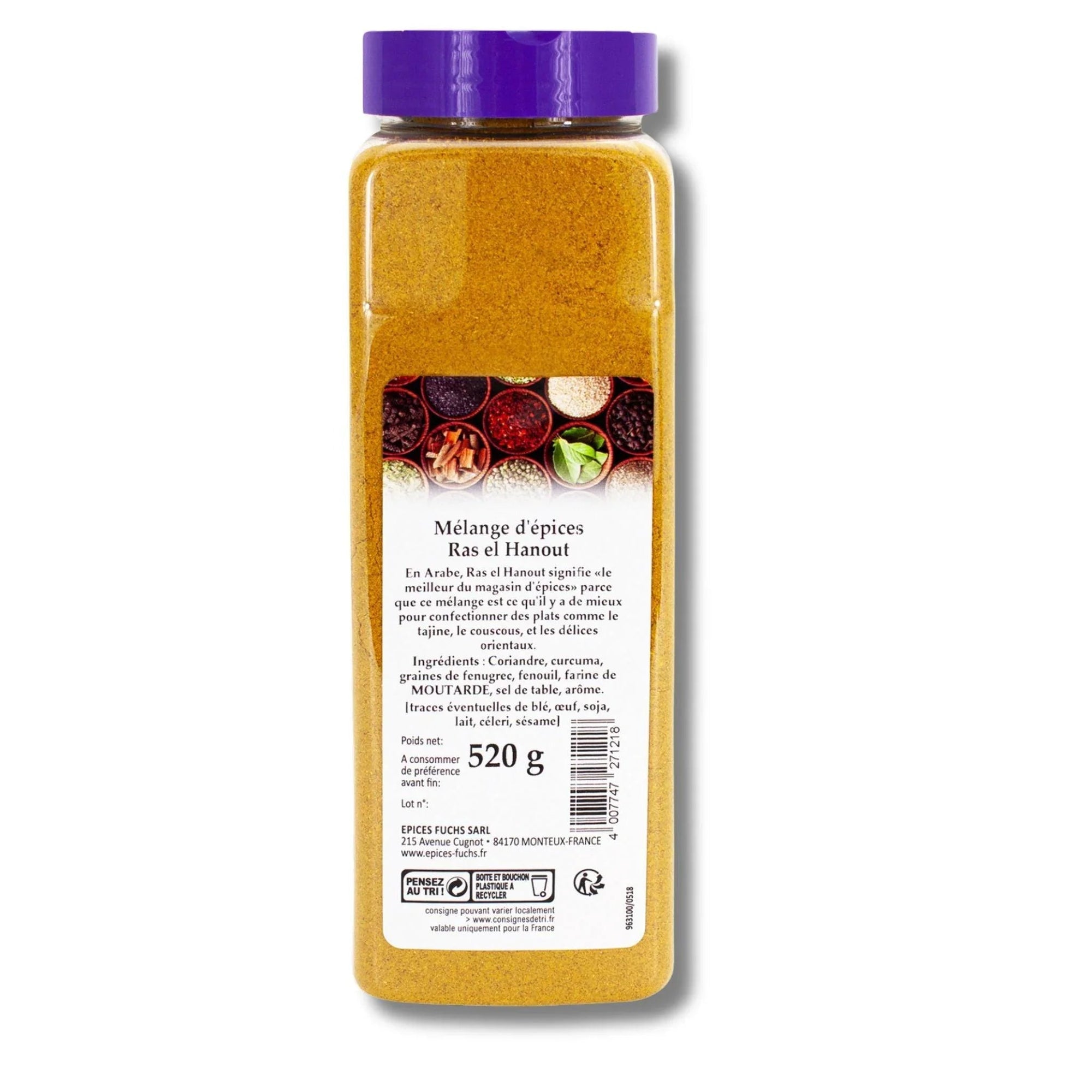 Grande boite professionnelle de ras el hanout Columbia 520g boite litre photo de dos pour couscous tajines et restauration collective avec indications des ingrédients dont allergènes farine de moutarde.