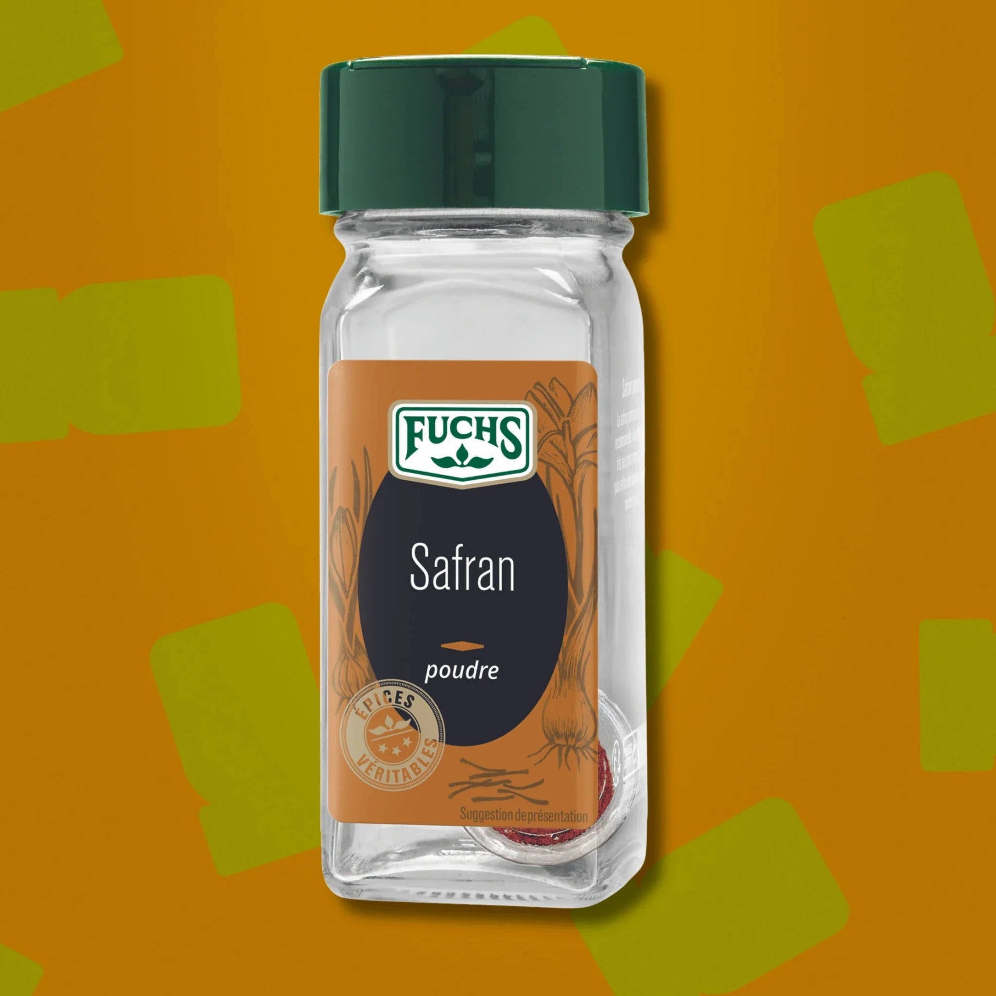 Flacon Fuchs safran en poudre 0,3g présenté sur fond ocre avec motifs de flacons stylisés