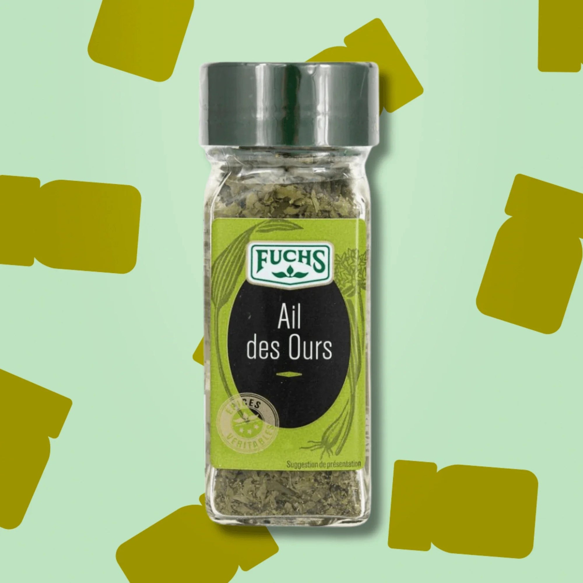 Flacon de 5g d'ail des ours déshydraté Épices Fuchs, idéal pour réaliser un pesto maison, un beurre composé, ou pour aromatiser les soupes et les sauces délicates