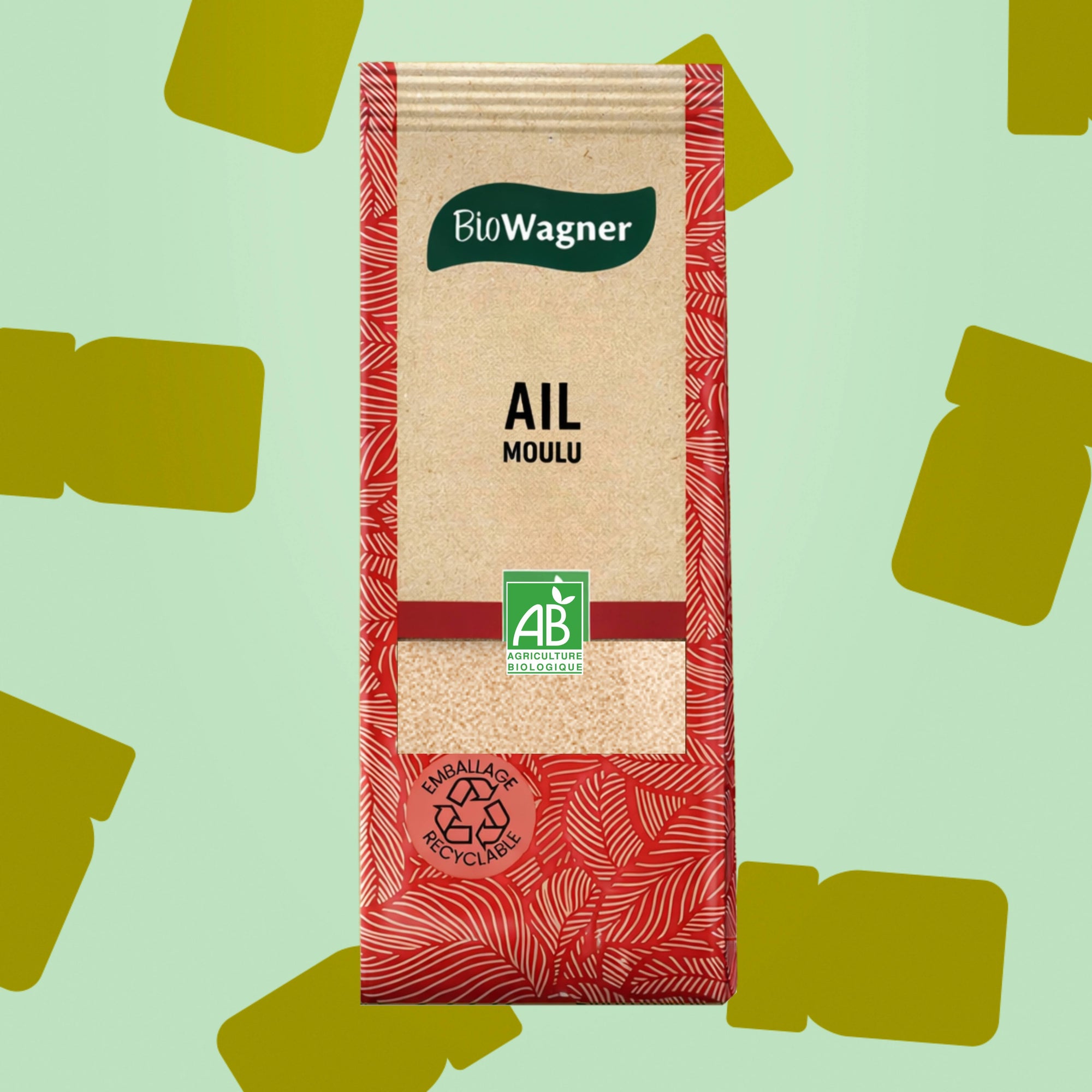 Sachet d'ail granulé bio 60g Biowagner certifié AB pour assaisonnement et cuisine, avec éclats de granules d'ail blanc