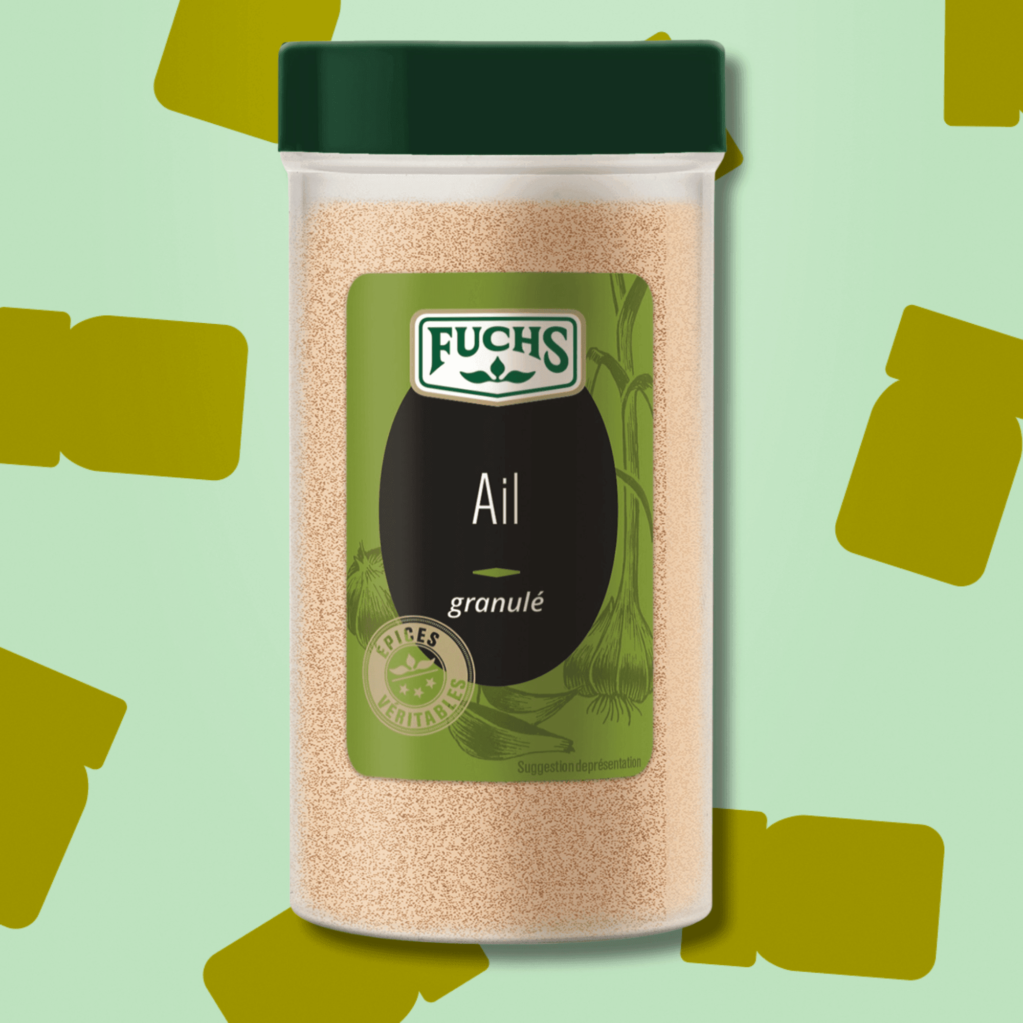 Boîte tubo refermable de 110g d'ail granulé Épices Fuchs, idéal pour assaisonner de manière homogène et sans brûler le poulet rôti, les pâtes à l'ail, les sauces et les marinades