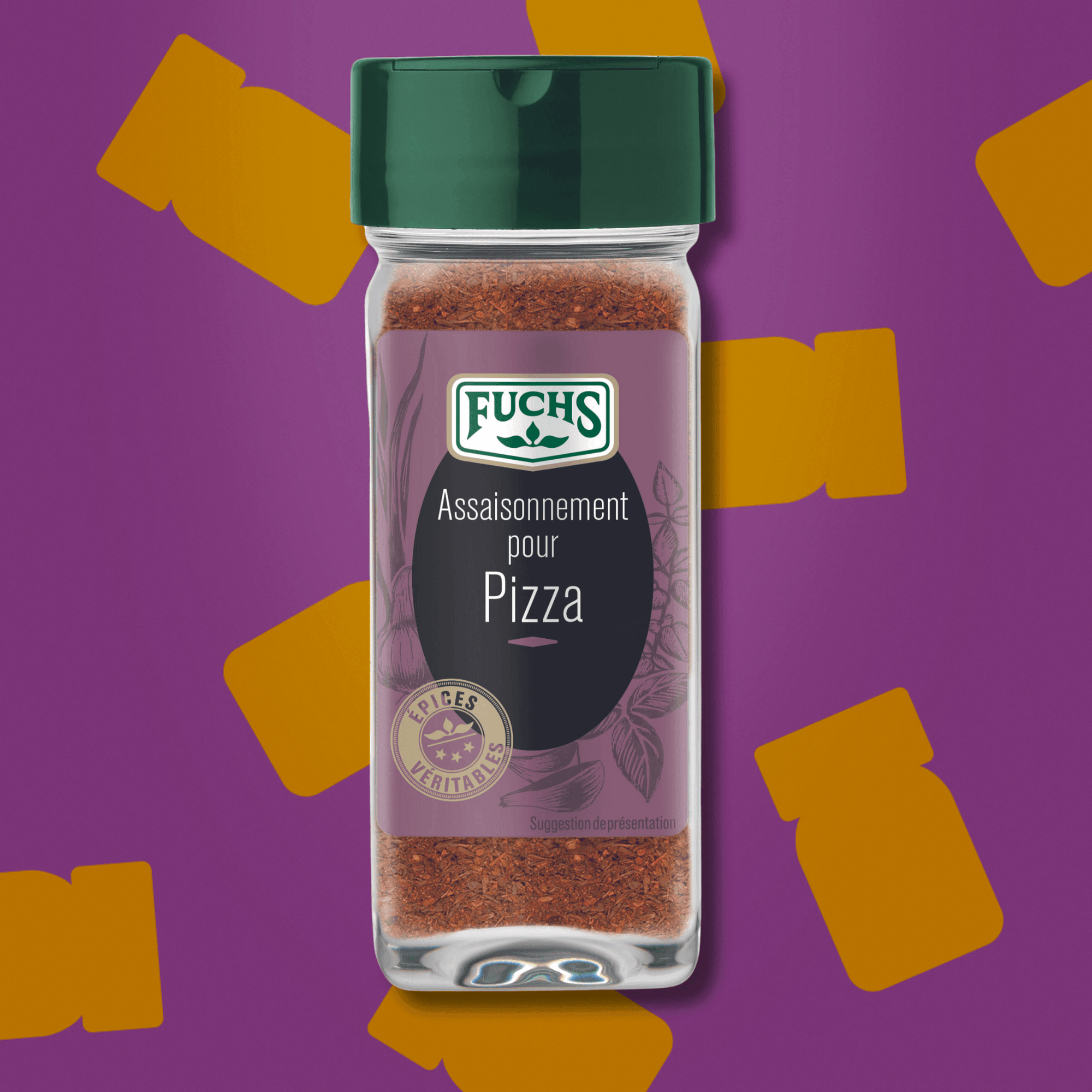 Flacon d'assaisonnement pizza 22g Épices Fuchs, mélange aromatique d'origan, ail, basilic et thym, idéal pour parfumer les pizzas maison, sauces tomate et focaccias