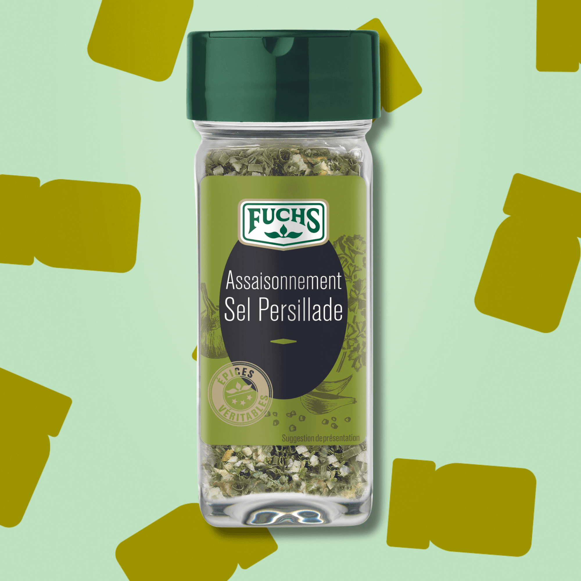 Mélange Sel Persillade Fuchs en flacon 50g, assaisonnement ail et persil idéal pour relever les grillades, beurre maison et les légumes Fuchs.
