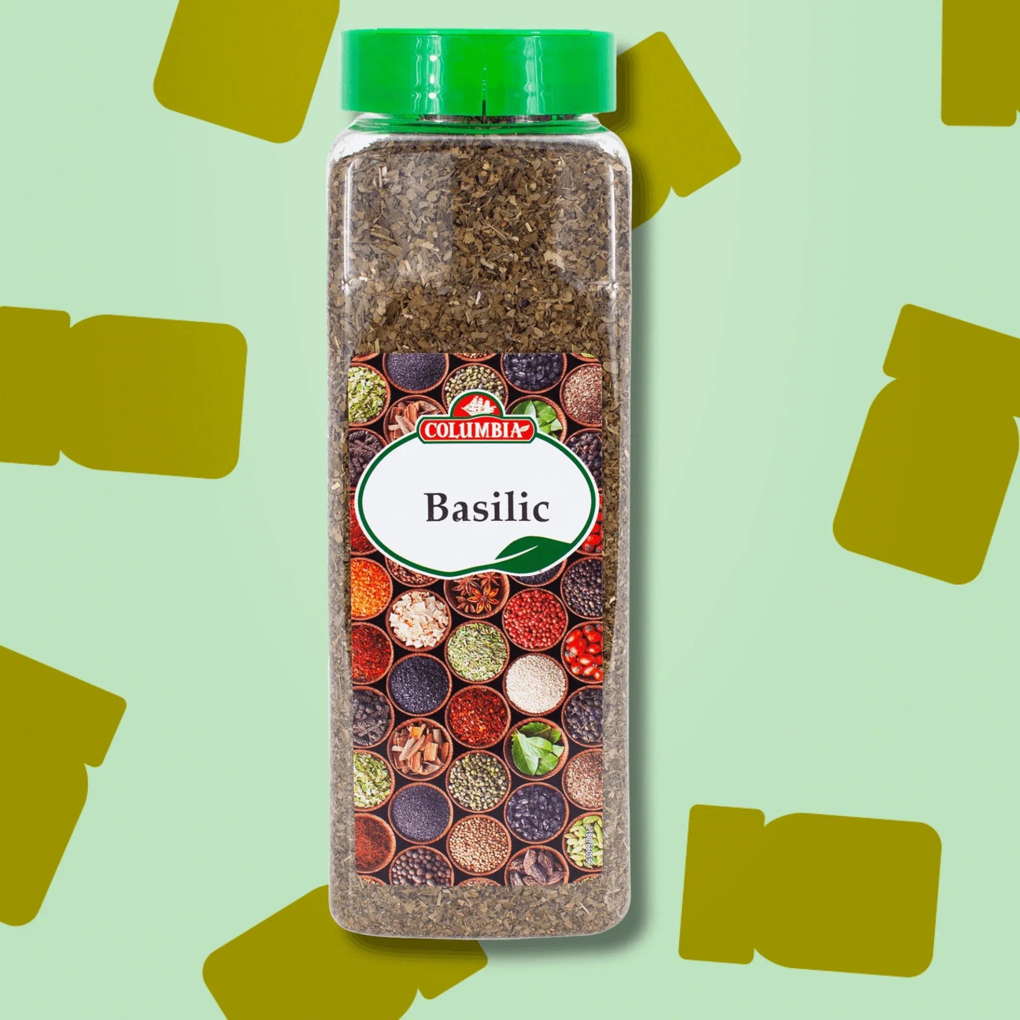Boîte d'un litre de basilic séché 150g Columbia pour professionnels et restaurateurs. Emballage hermétique, empilable et réutilisable, idéal pour les sauces tomates, pestos maison, pizzas et marinades