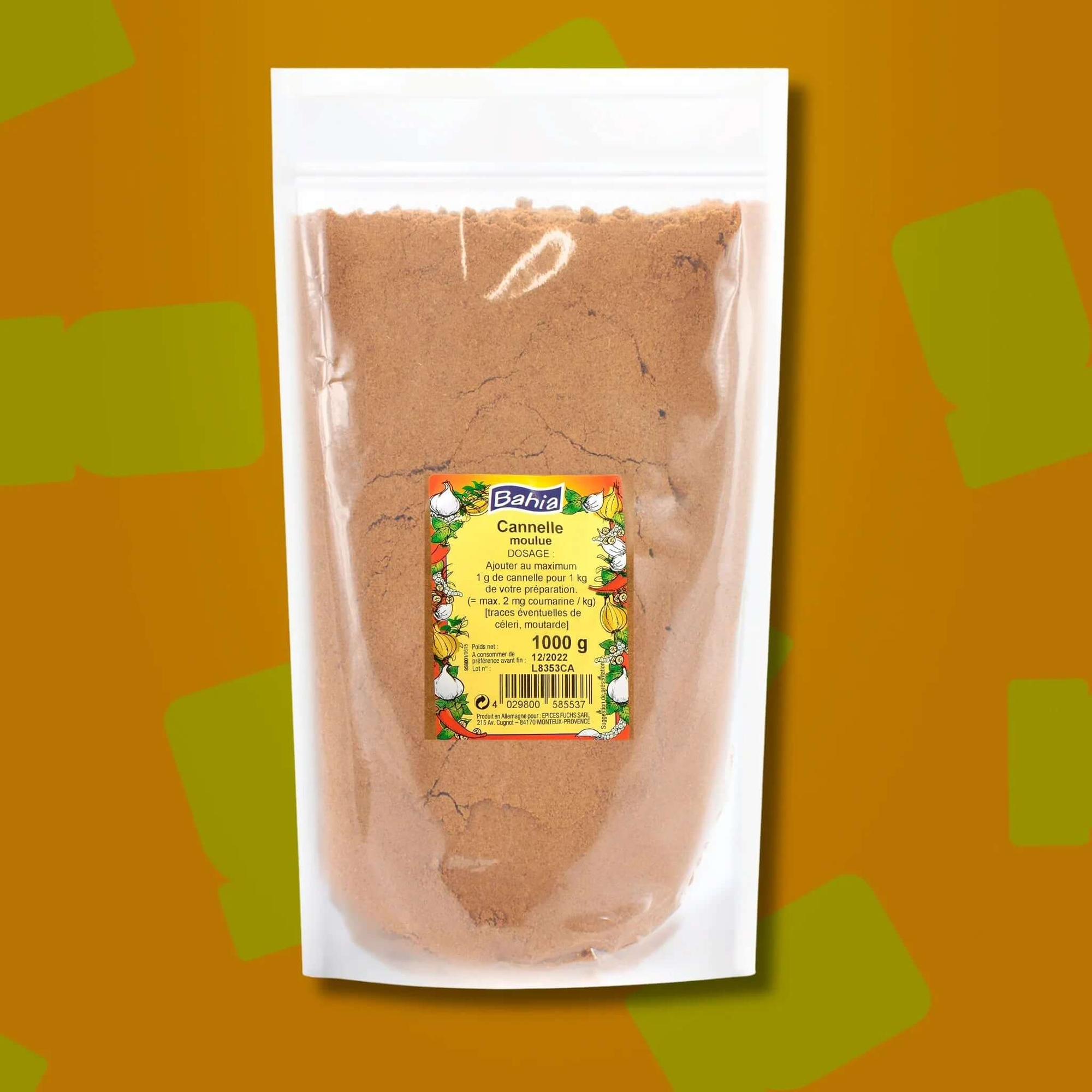 Sac professionnel d'un kilo de cannelle moulue Bahia pour pâtissiers, boulangers et restaurateurs, idéal pour aromatiser en volume les pains d'épices, riz au lait, tartes, vins chauds et tajines salés-sucrés