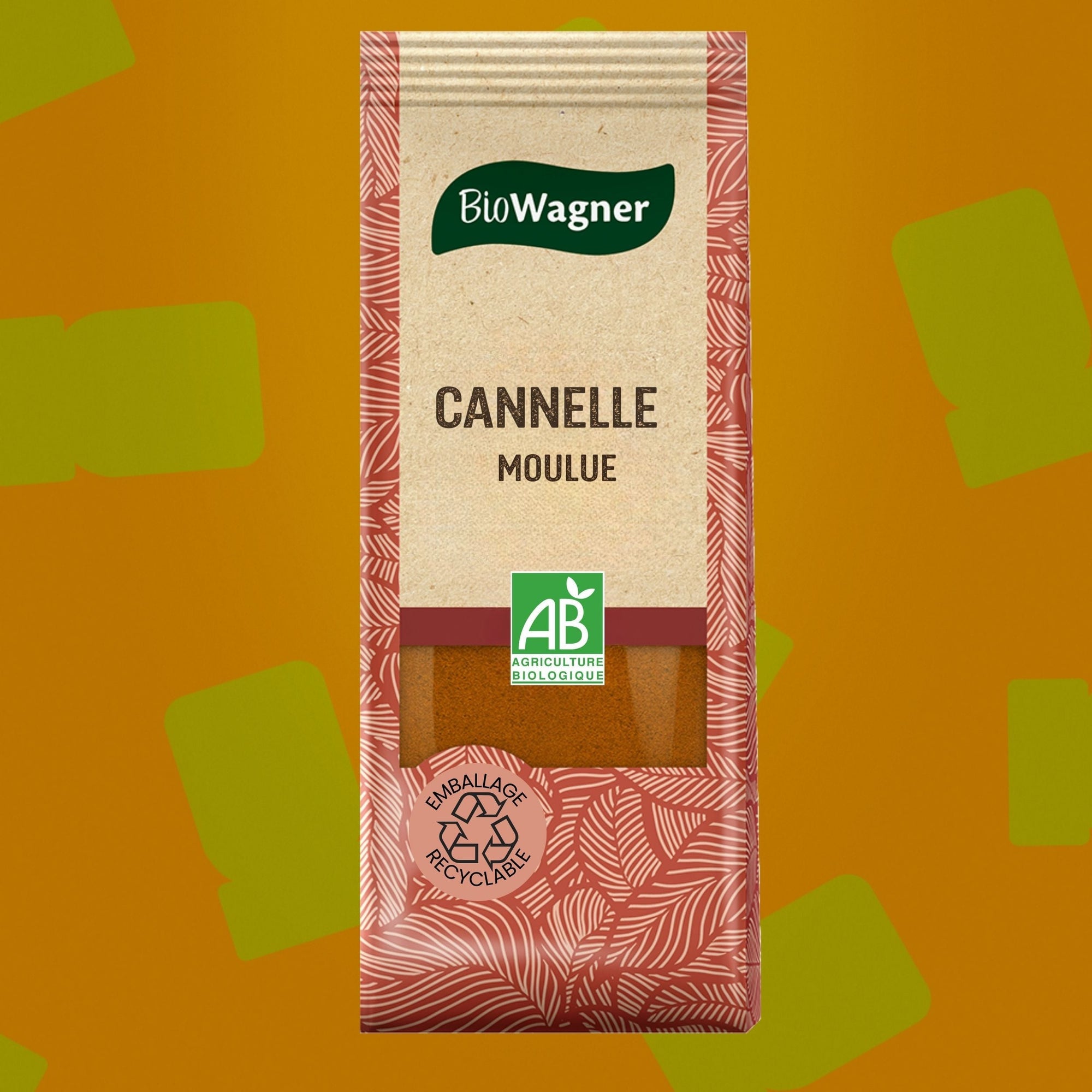 Sachet Biowagner cannelle moulue biologique 40g sur fond neutre avec étiquette verte