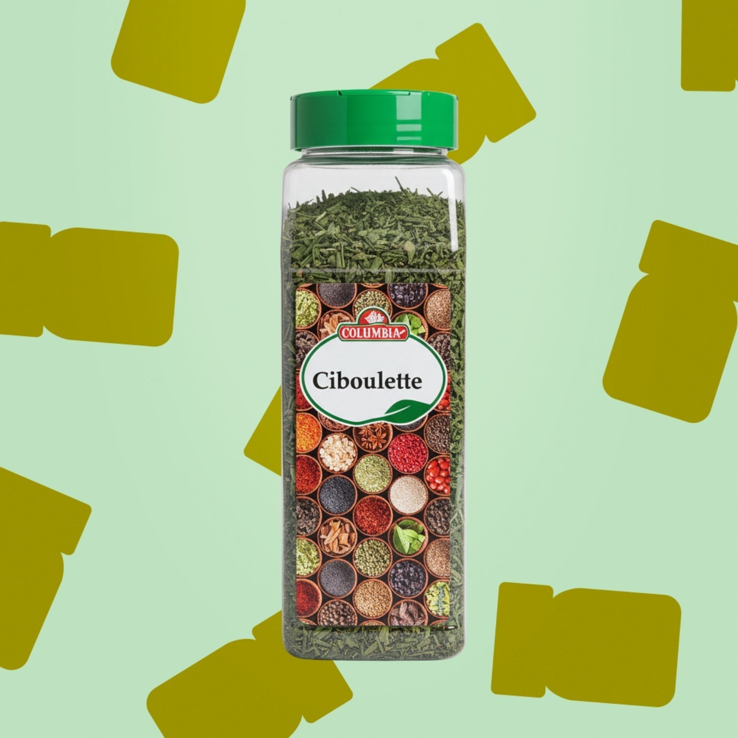 Boîte d'un litre de ciboulette 74g Columbia pour professionnels et restaurateurs. Emballage hermétique, empilable et réutilisable, idéal pour les vinaigrettes, omelettes, fromages frais et sauces crème