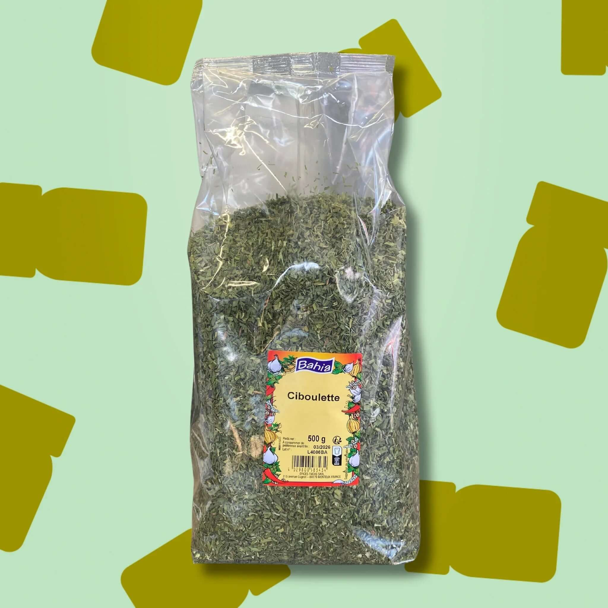 Sac professionnel de 550g de ciboulette séchée Bahia pour restaurateurs et traiteurs, idéale pour apporter une touche de couleur et assaisonner en volume les omelettes, salades, sauces au yaourt et vinaigrettes