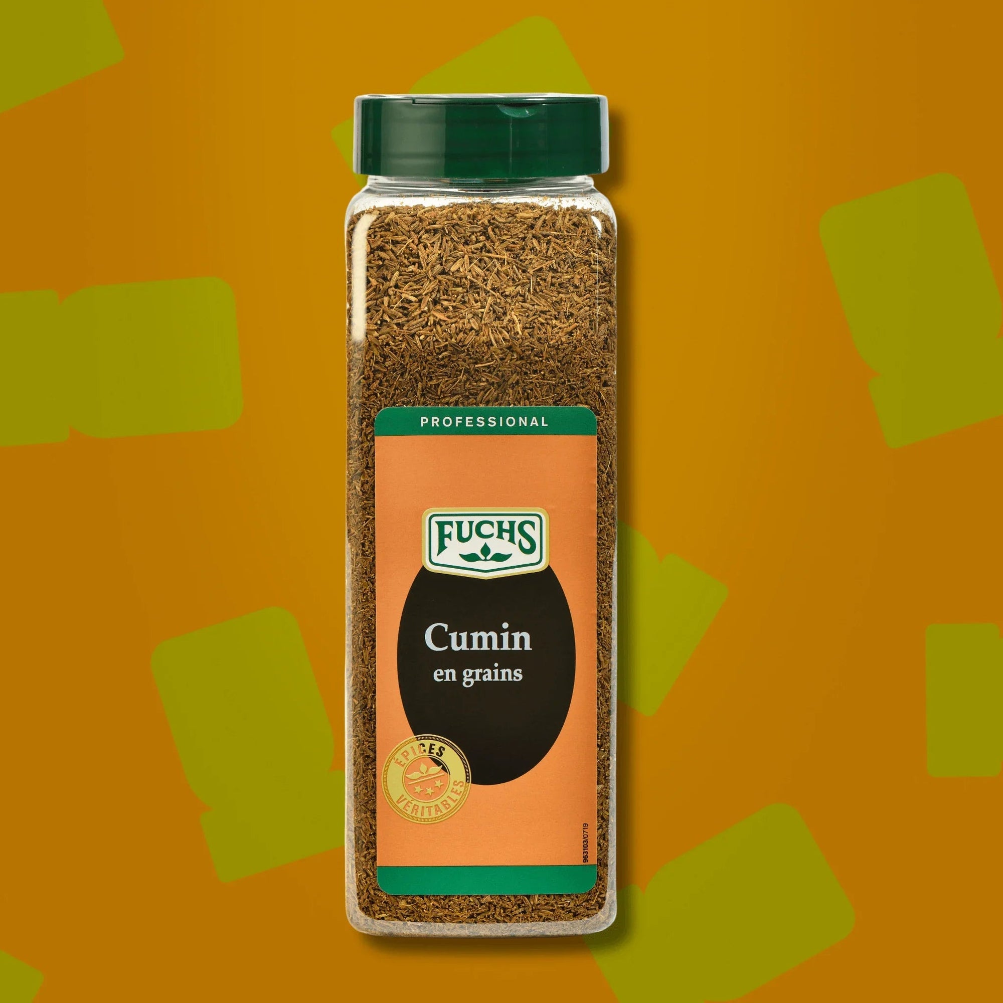 Boîte d'un litre de cumin en grains 350g Fuchs Pro, format professionnel facile à ranger et organiser en cuisine, idéal pour les tajines, currys et pains maison
