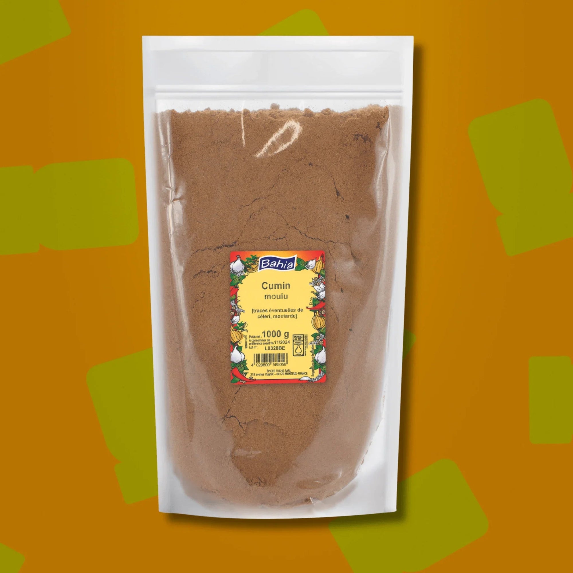 Sac professionnel d'un kilo de cumin moulu Bahia pour restaurateurs et traiteurs, idéal pour aromatiser en volume le chili con carne, le couscous, les tajines, les currys et les marinades de viandes
