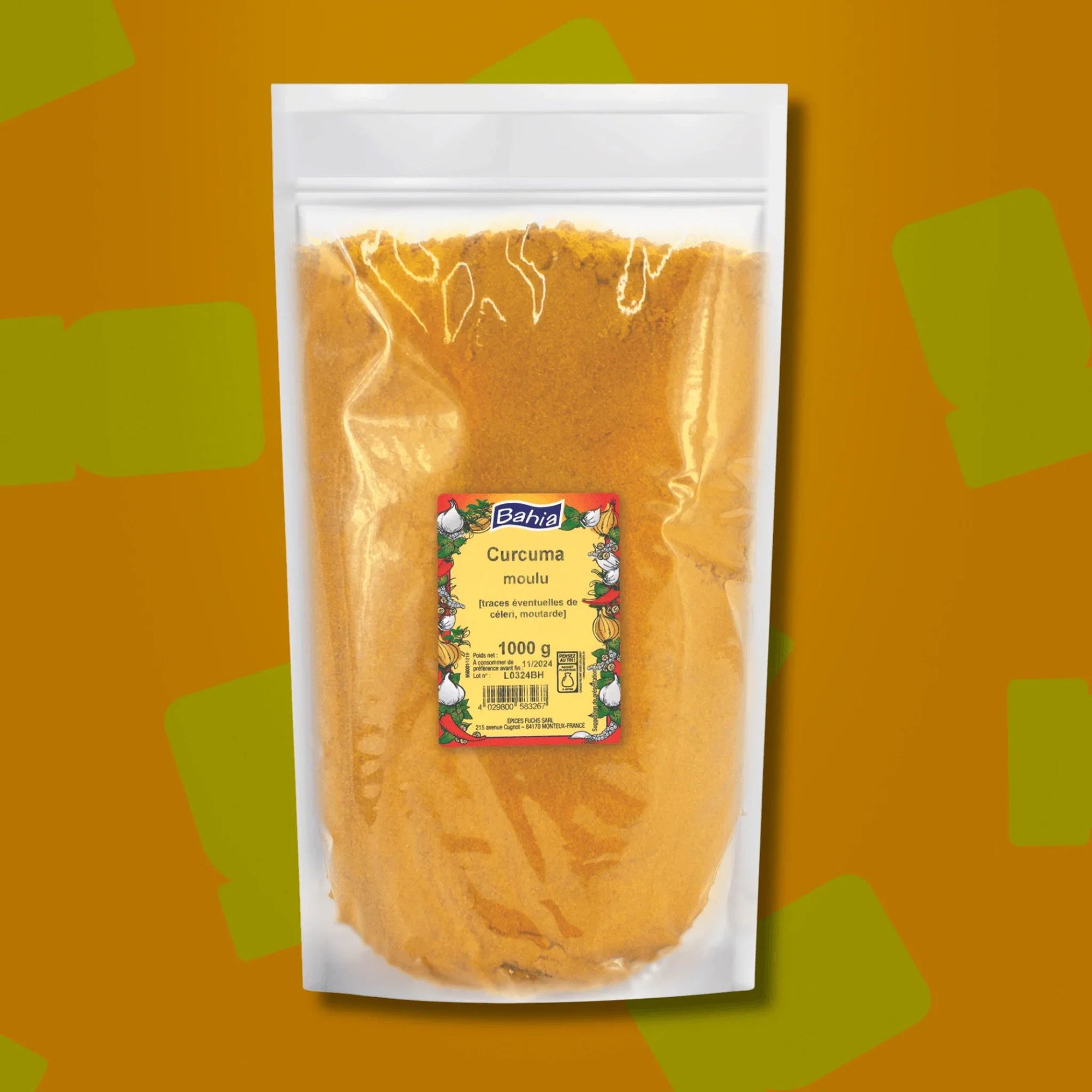 Sac professionnel d'un kilo de curcuma moulu Bahia pour restaurateurs et traiteurs, idéal pour apporter une couleur jaune dorée et assaisonner en volume les currys, les plats de riz, les marinades et les sauces