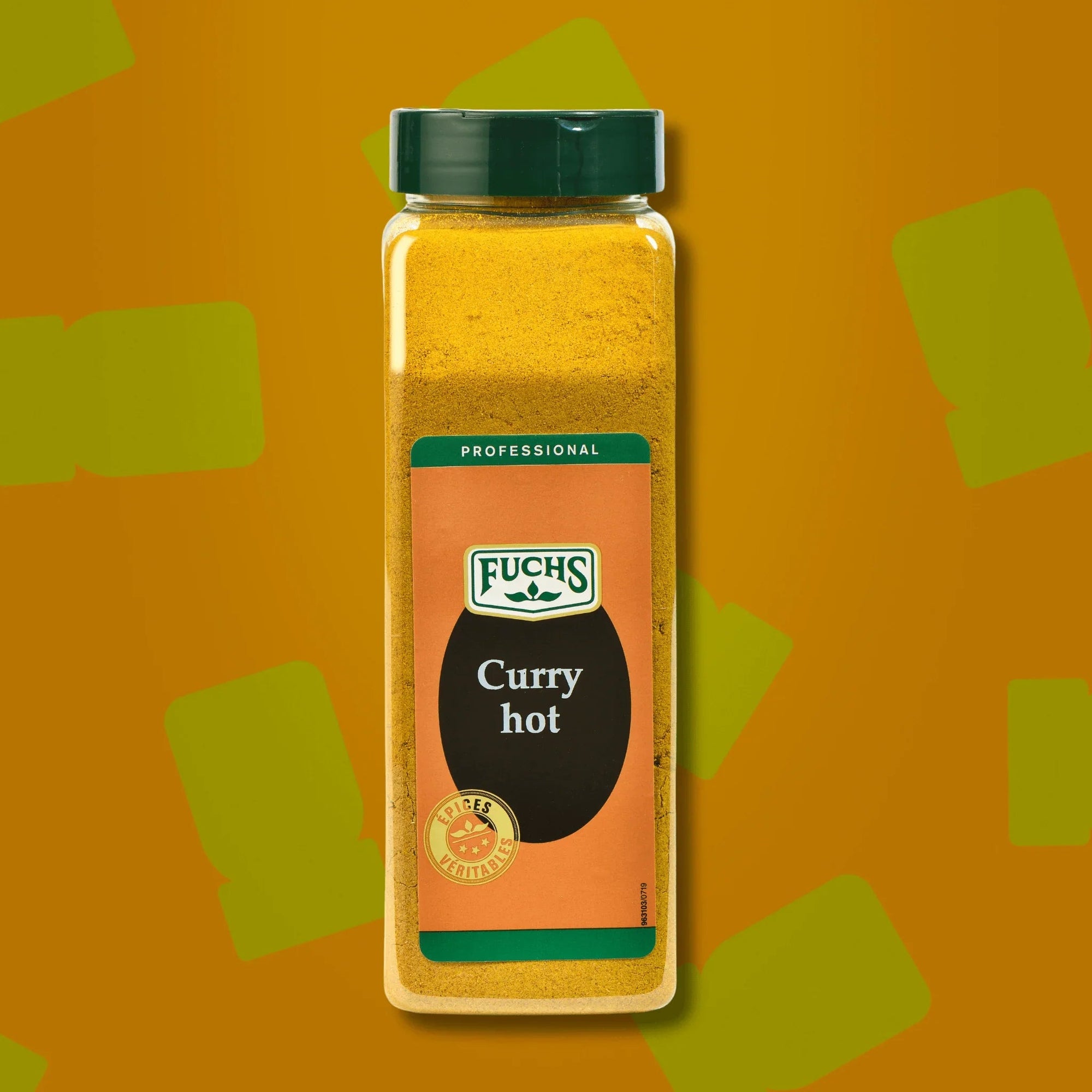 Boîte d'un litre de curry hot 450g Fuchs Pro, format professionnel facile à ranger et organiser en cuisine, idéal pour les currys de poulet, plats épicés et marinades relevées