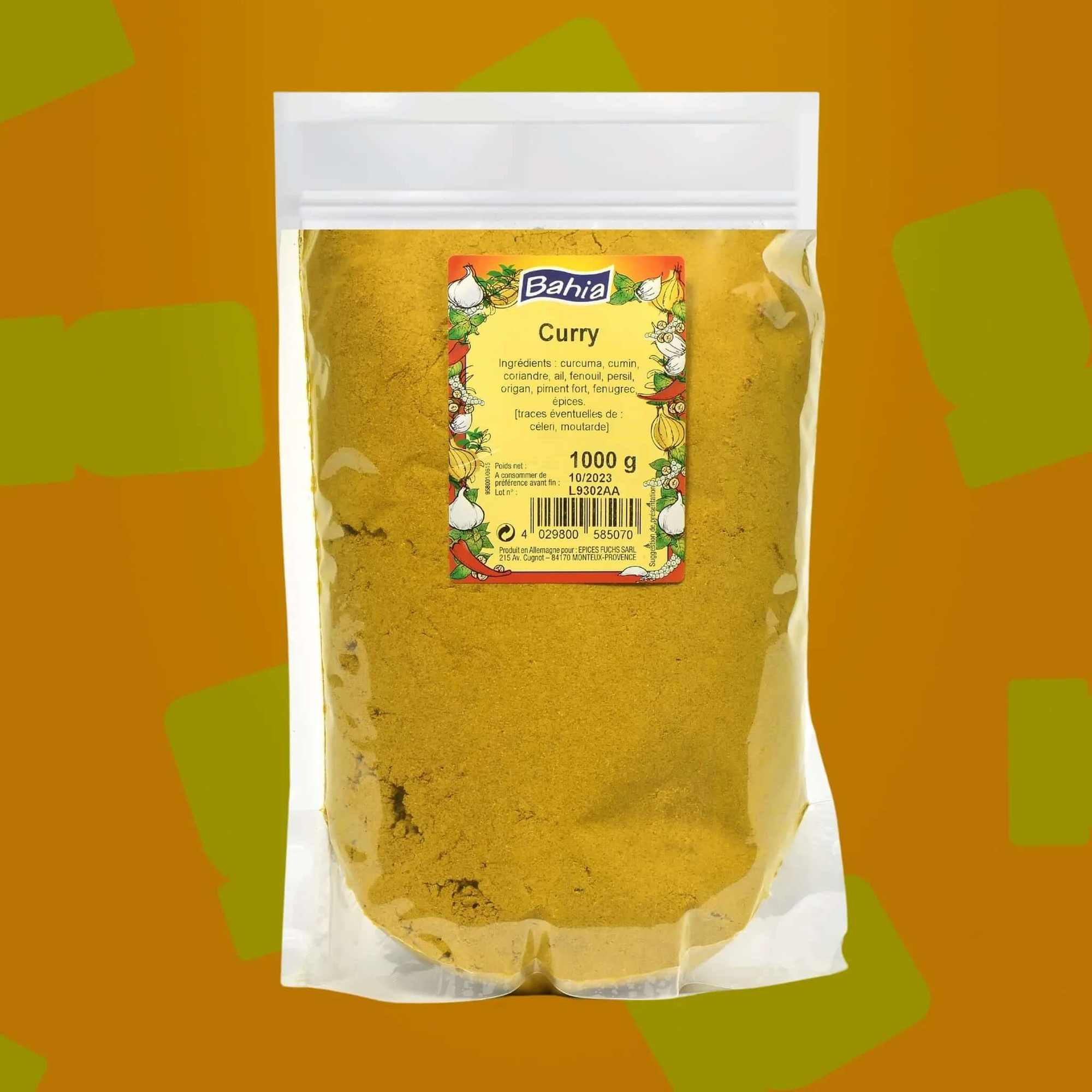 Format professionnel économique d'un kilo de curry moulu Bahia pour restaurateurs et chefs. Épice idéale pour assaisonner en volume le poulet au curry, les dahls de lentilles, les plats en sauce et les marinades