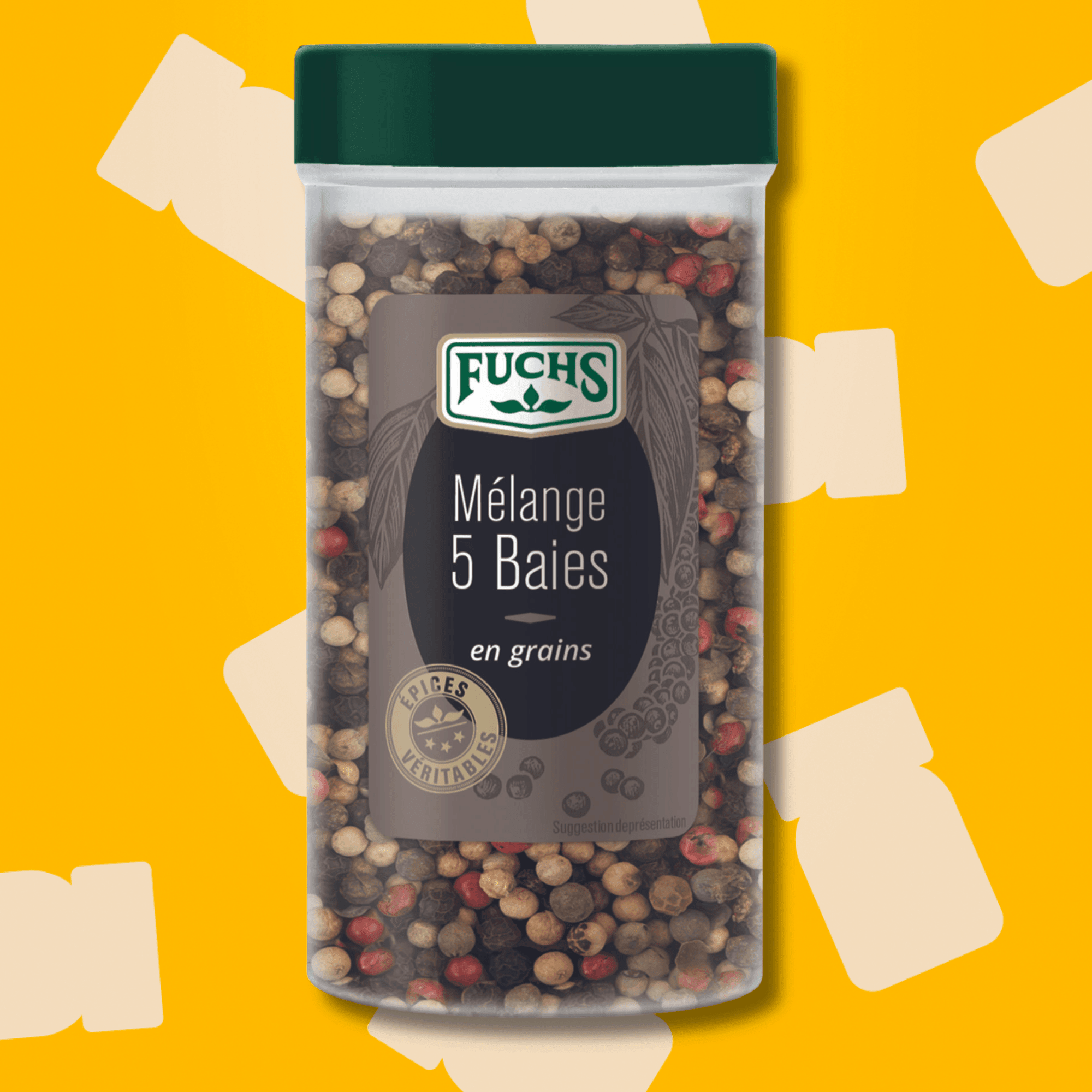 Flacon rigide tubo de mélange 5 baies en grains Fuchs 70 g poivres entiers et baies roses pour moulin et mortier