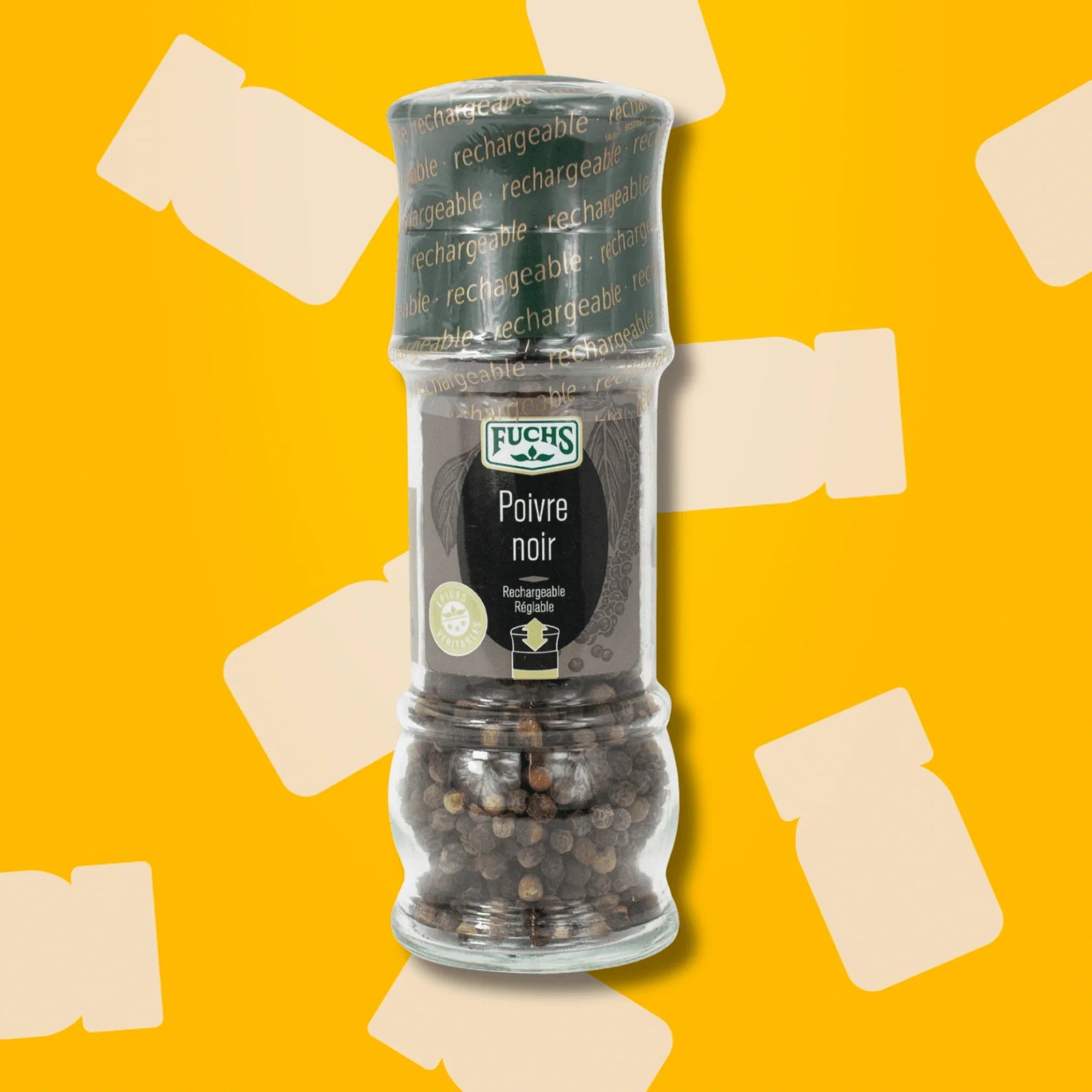 Flacon moulin en verre de poivre noir en grains Fuchs 60 g pour assaisonnement des viandes et grillades