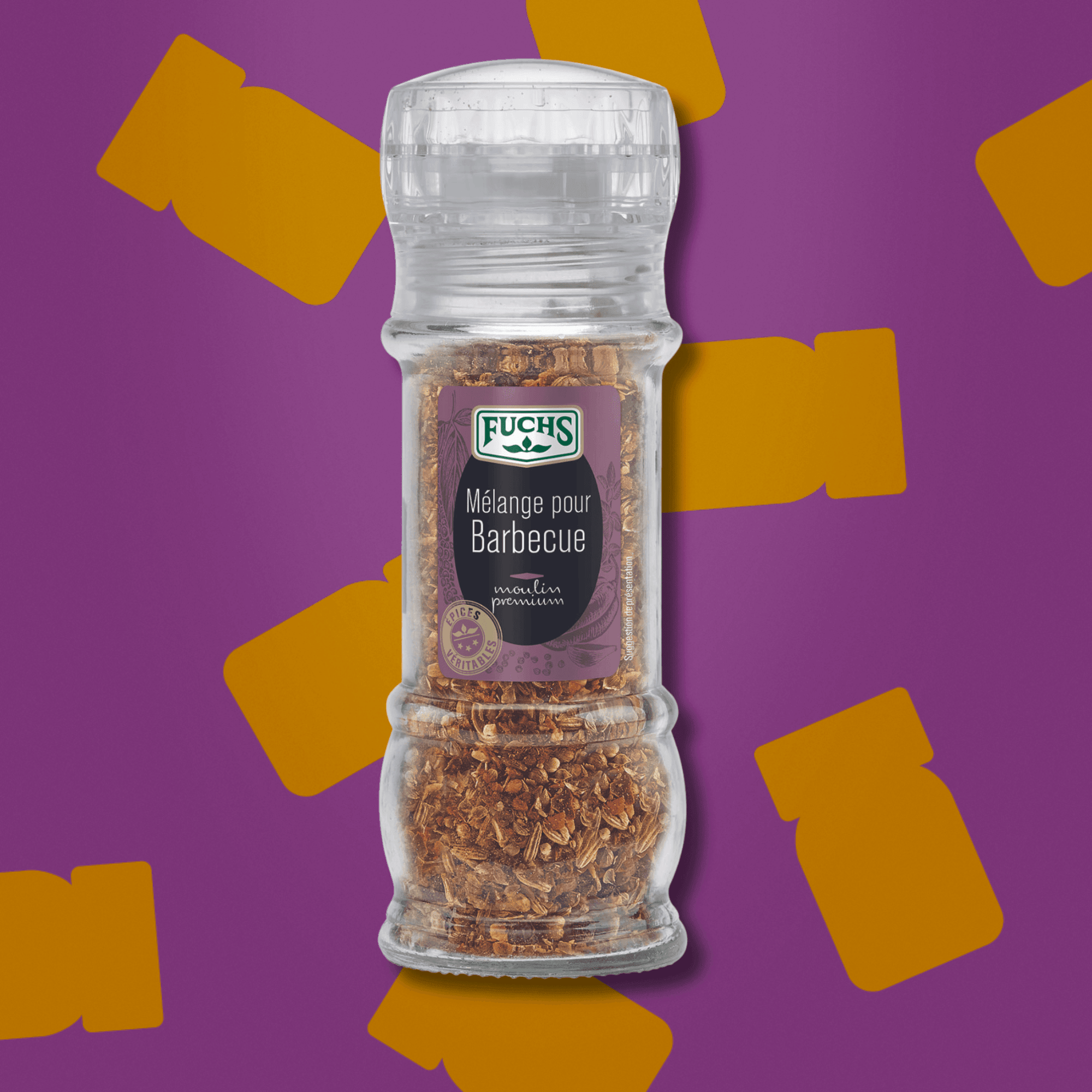 Mélange Barbecue Fuchs en flacon moulin 50g, assaisonnement de 11 épices idéal pour parfumer les grillades de viande et légumes Fuchs.