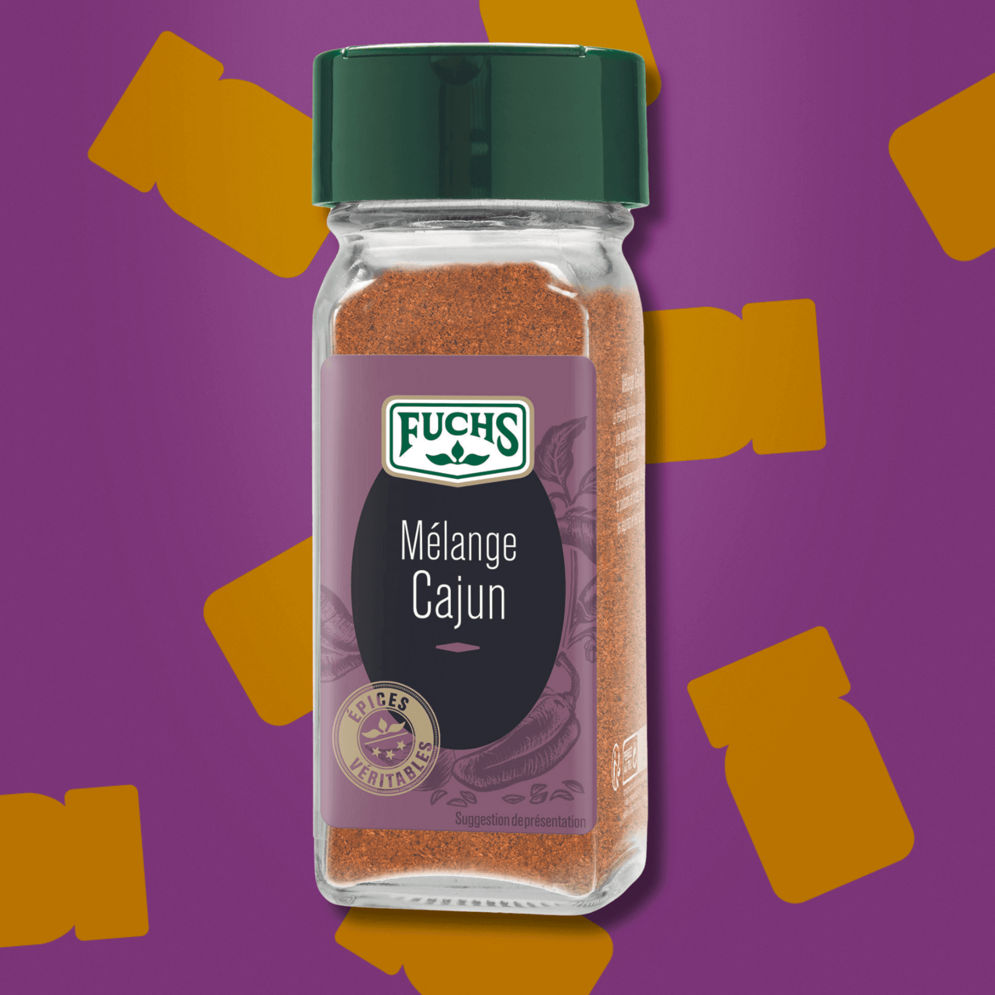 Flacon de mélange d'épices Cajun Fuchs de 40 grammes pour rub barbecue et jambalaya.