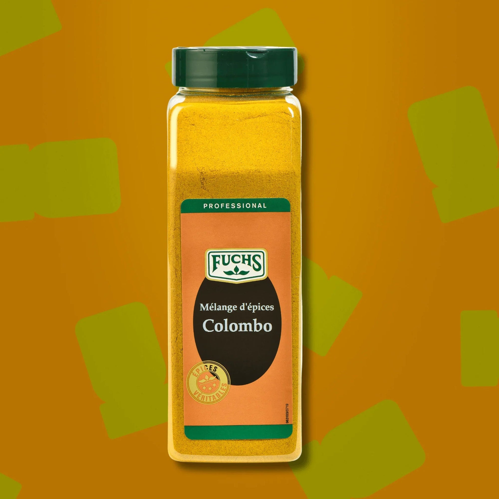 Boîte d'un litre de mélange colombo antillais 450g Fuchs Pro, format professionnel facile à ranger et organiser en cuisine, idéal pour les colombos de poulet, de porc et ragoûts exotiques