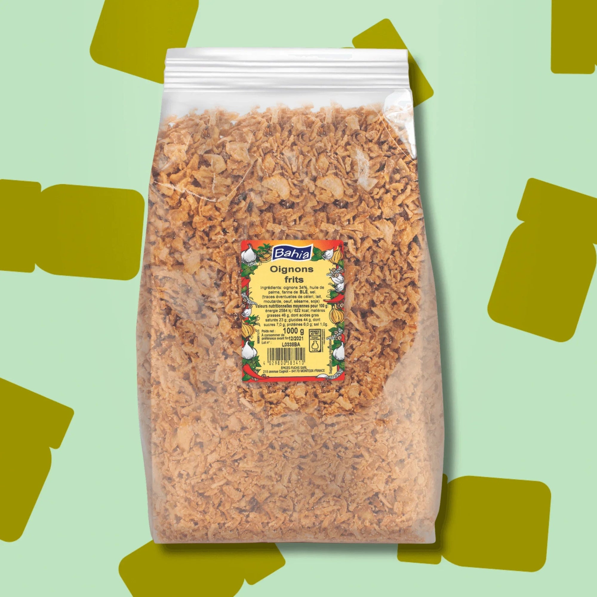 Sac professionnel d'un kilo d'oignons frits croustillants Bahia pour restaurateurs et food trucks, idéal comme topping pour les hamburgers, hot-dogs, salades et pour agrémenter les sauces