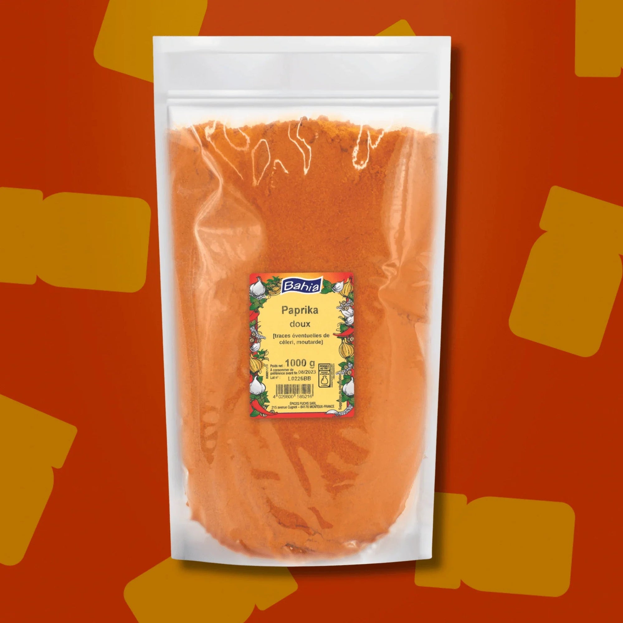 Sac professionnel d'un kilo de paprika moulu doux Bahia pour restaurateurs et traiteurs, idéal pour apporter une couleur rouge intense et aromatiser en volume les ragoûts, sauces, marinades et grillades