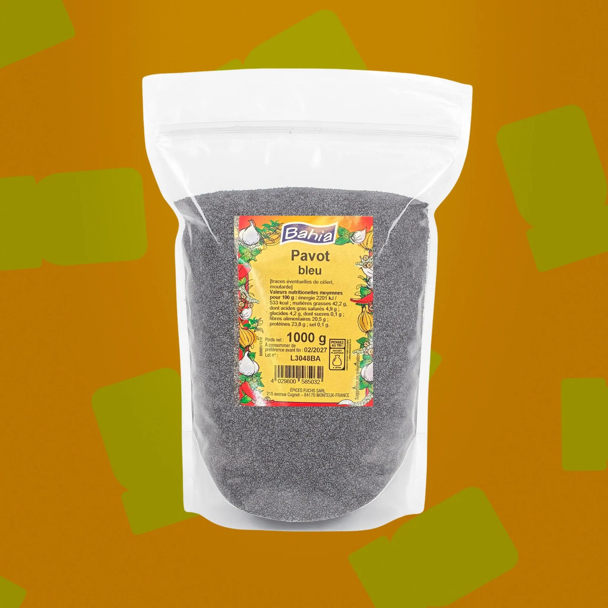 Sac professionnel d'un kilo de graines de pavot bleu Bahia pour boulangers, pâtissiers et restaurateurs, idéal pour apporter du croustillant et décorer les pains maison, bagels, cakes et salades