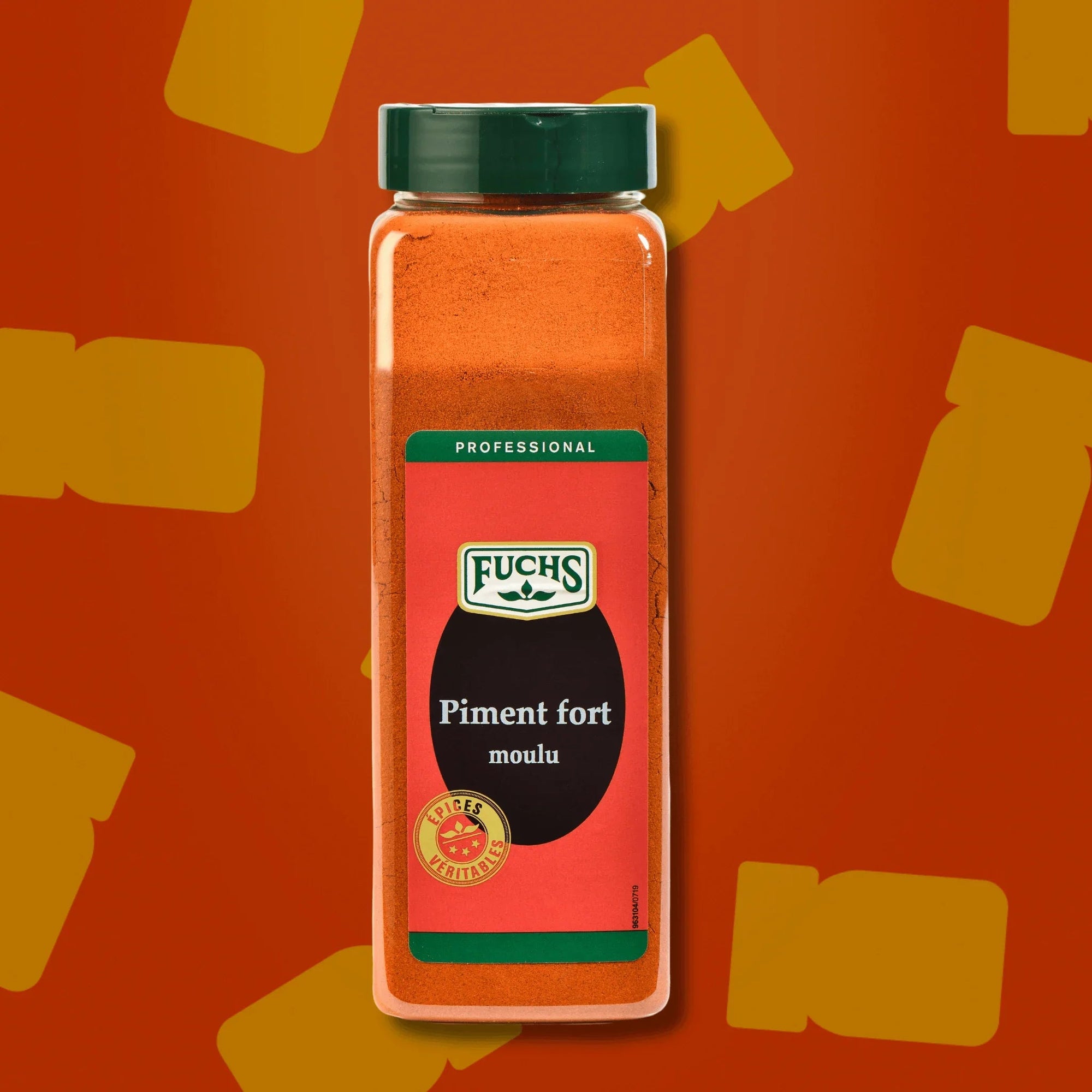 Boîte d'un litre de piment fort moulu 550g Fuchs Pro, format professionnel facile à ranger et organiser en cuisine, idéal pour relever les sauces, marinades piquantes et grillades