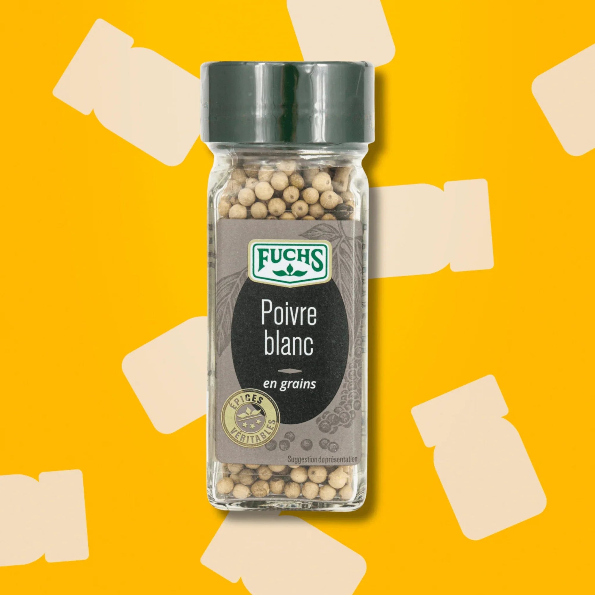 Flacon de poivre blanc en grains 52g Épices Fuchs avec opercule fraîcheur, idéal pour moulin, sauces blanches, poissons et volailles