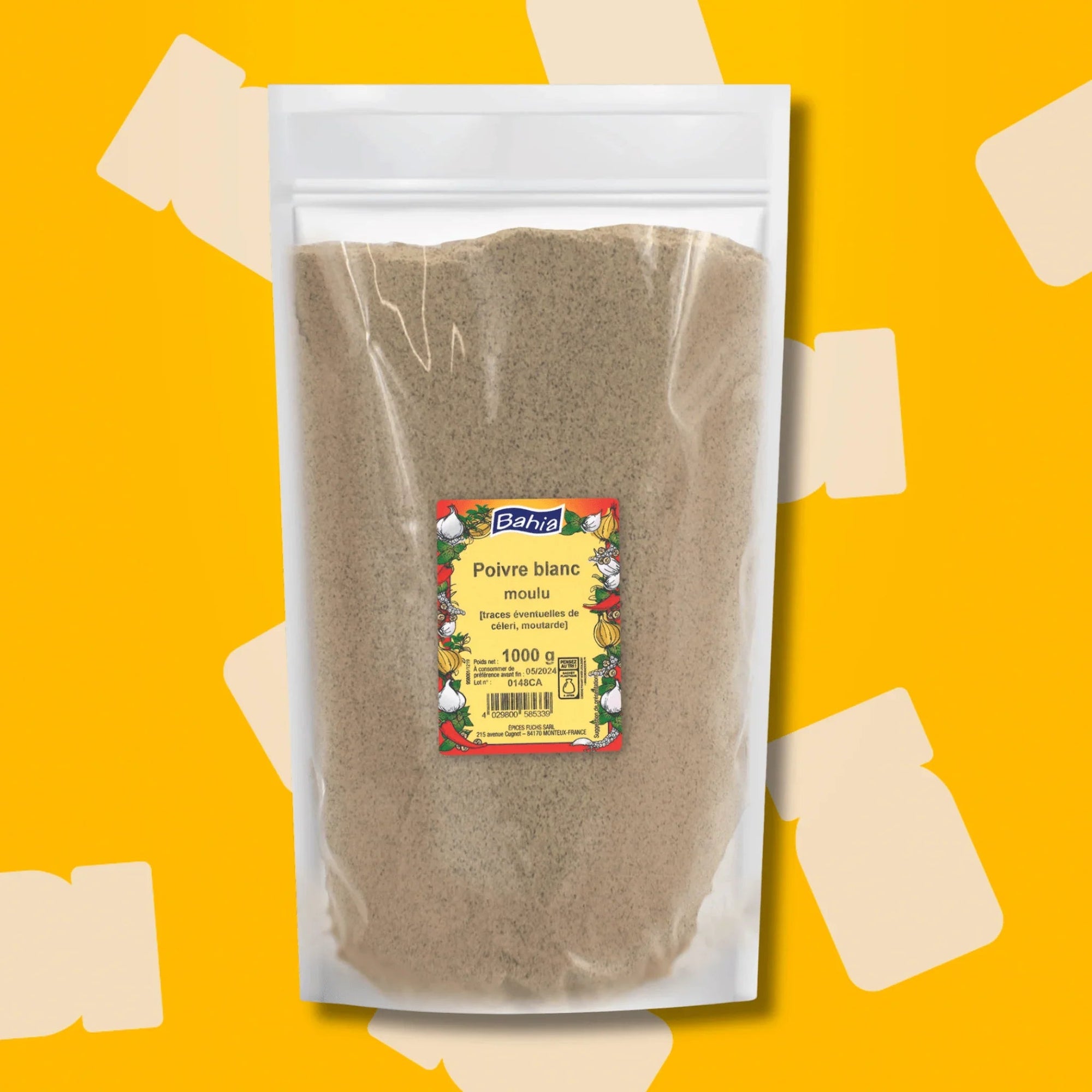 Sac professionnel d'un kilo de poivre blanc moulu Bahia pour restaurateurs et traiteurs, idéal pour assaisonner avec puissance et sans laisser de traces noires les sauces blanches, la béchamel, les poissons et les volailles