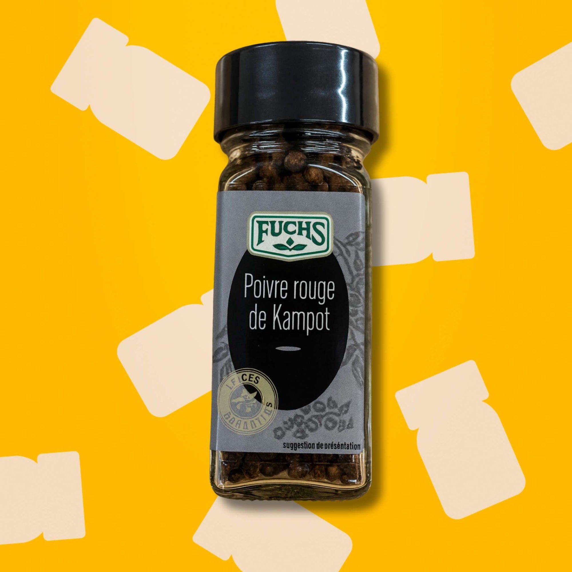 Flacon Fuchs Black Edition poivre rouge de Kampot 45g IGP avec grains rouges orangés du Cambodge