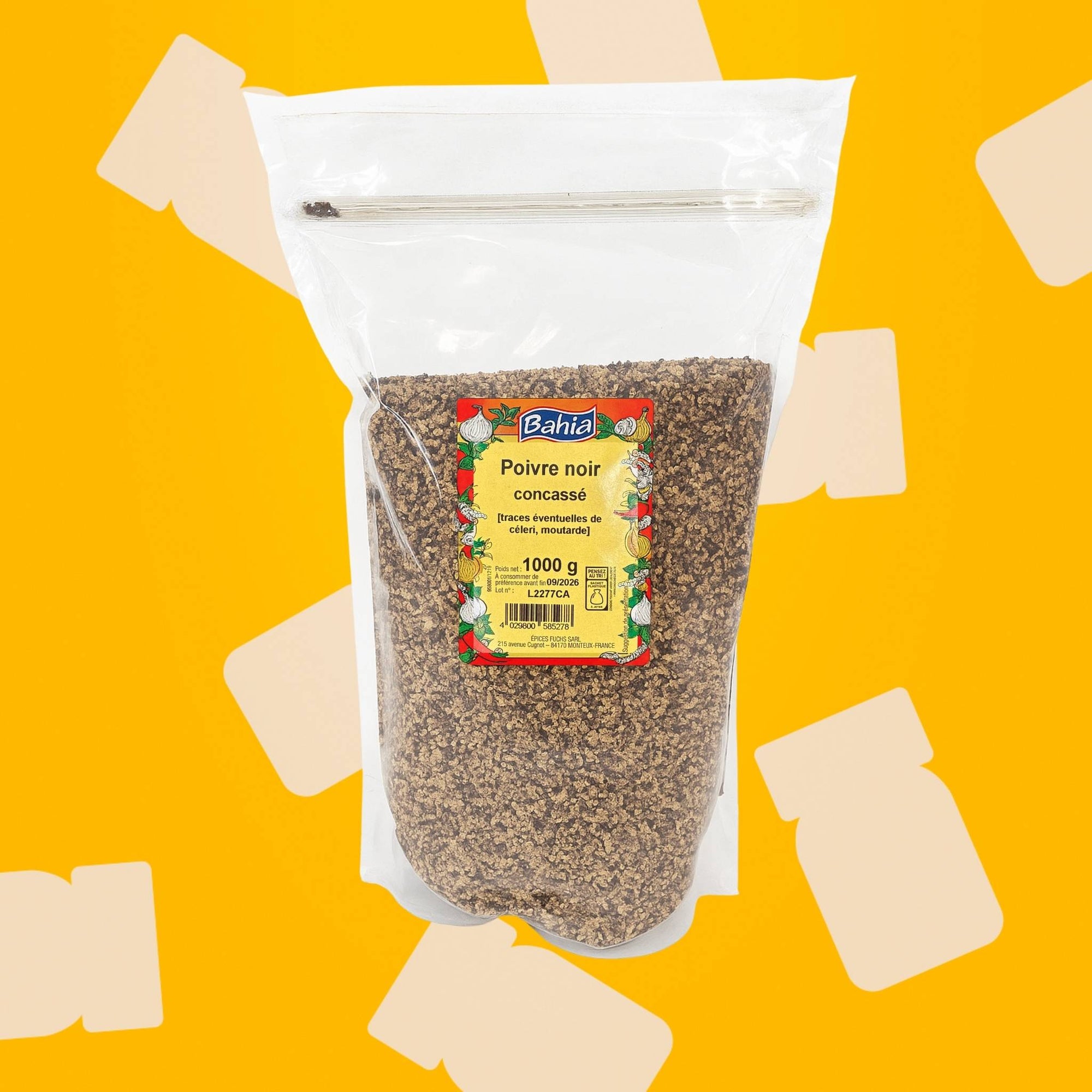 Sachet vrac d'un kilo de poivre noir concassé (mignonnette) Bahia pour professionnels de la restauration, idéal pour enrober le steak au poivre, réaliser des marinades sèches et parfumer les sauces crémées