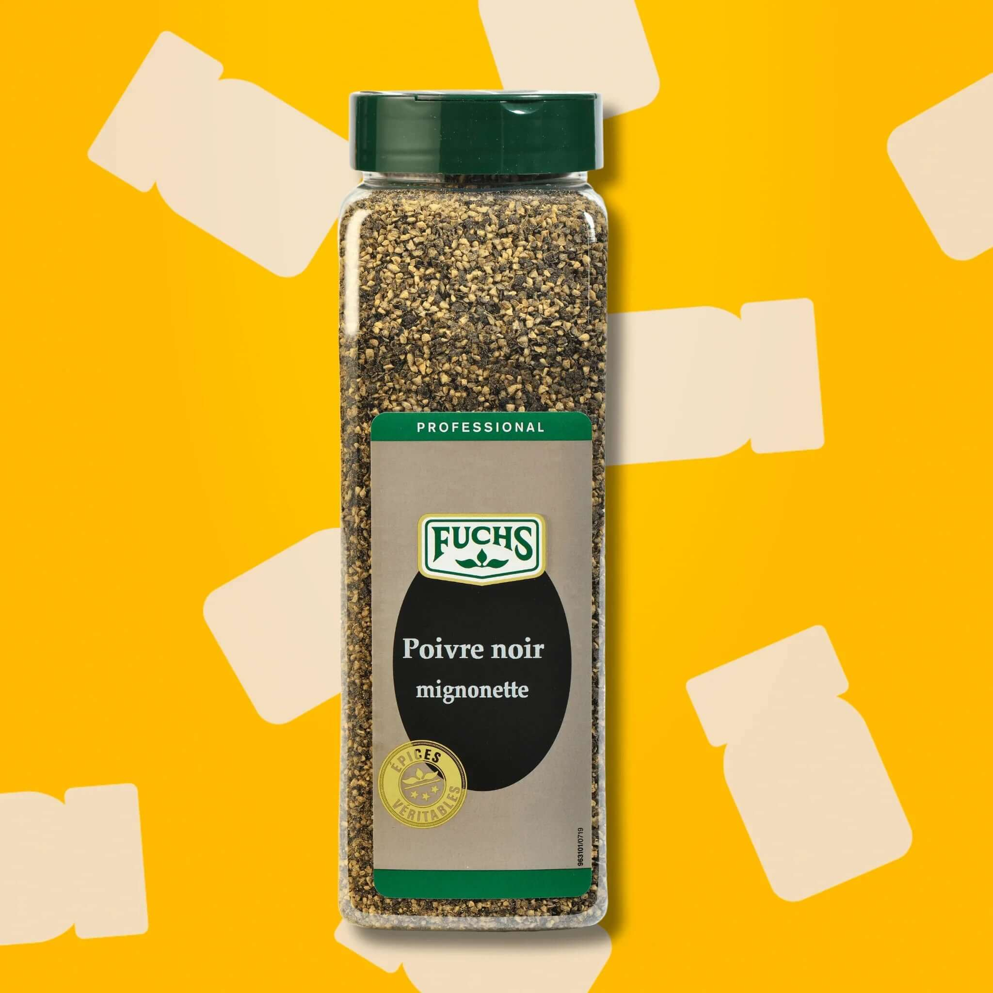 Boîte d'un litre de poivre noir concassé 525g Fuchs Pro, format professionnel facile à ranger et organiser en cuisine, idéal pour les steaks au poivre, grillades et sauces