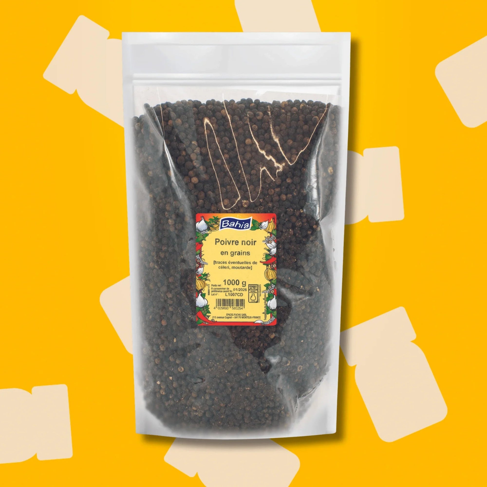 Sachet vrac de 1kg de poivre noir en grains Bahia par Épices Fuchs, poivre entier de qualité professionnelle idéal pour recharger les moulins de table, assaisonner les viandes et réussir les sauces de caractère