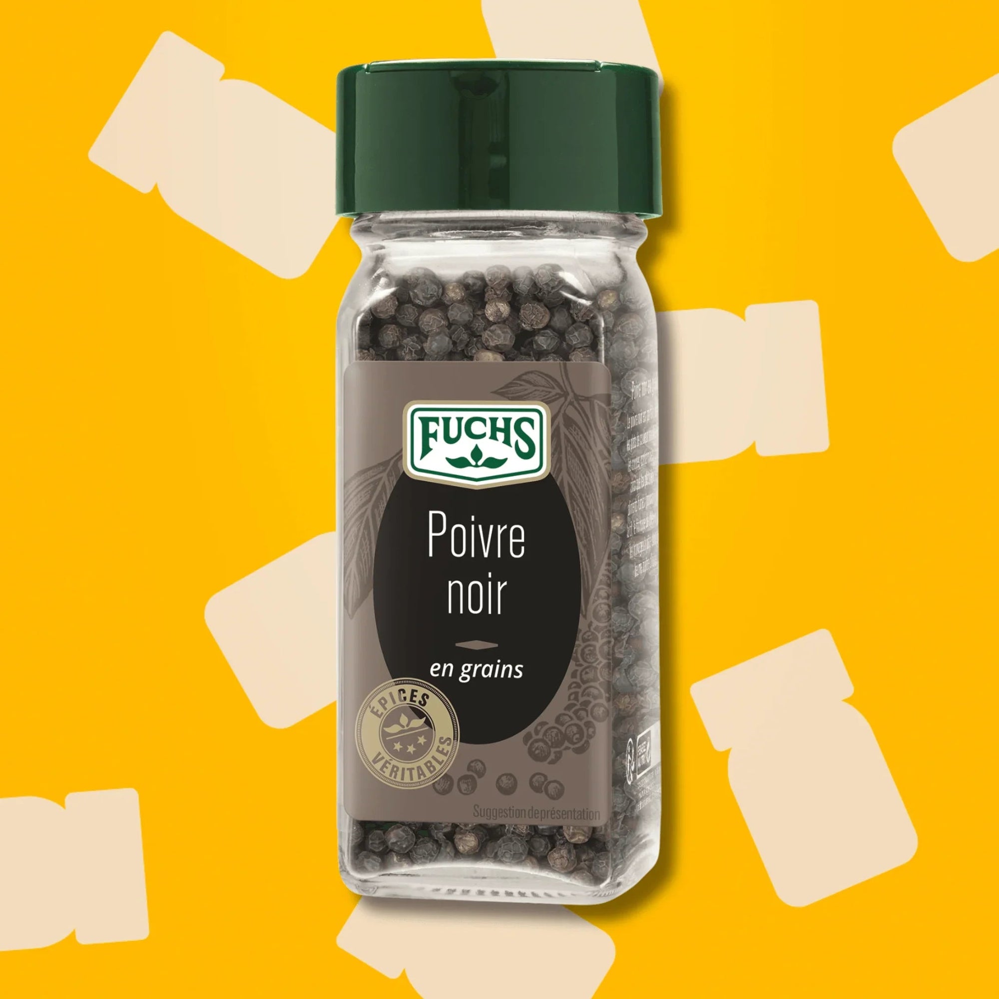 Flacon de poivre noir en grains 42g Épices Fuchs, recharge pour moulin à poivre, idéal pour assaisonner les viandes rouges, grillades et sauces