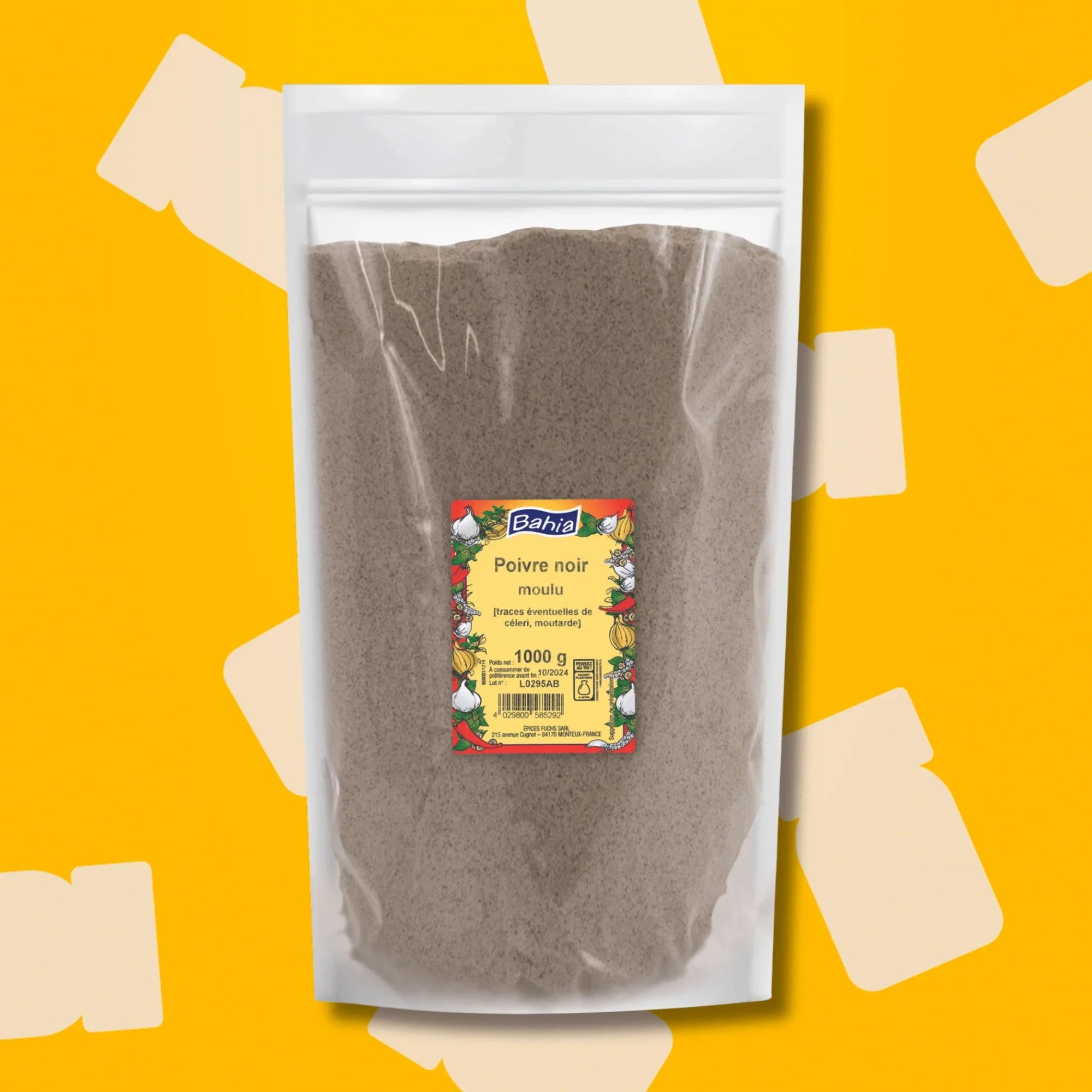 Sac professionnel d'un kilo de poivre noir moulu fin Bahia pour restaurateurs et traiteurs, idéal pour assaisonner de manière homogène et en volume les sauces, plats mijotés, marinades et charcuteries