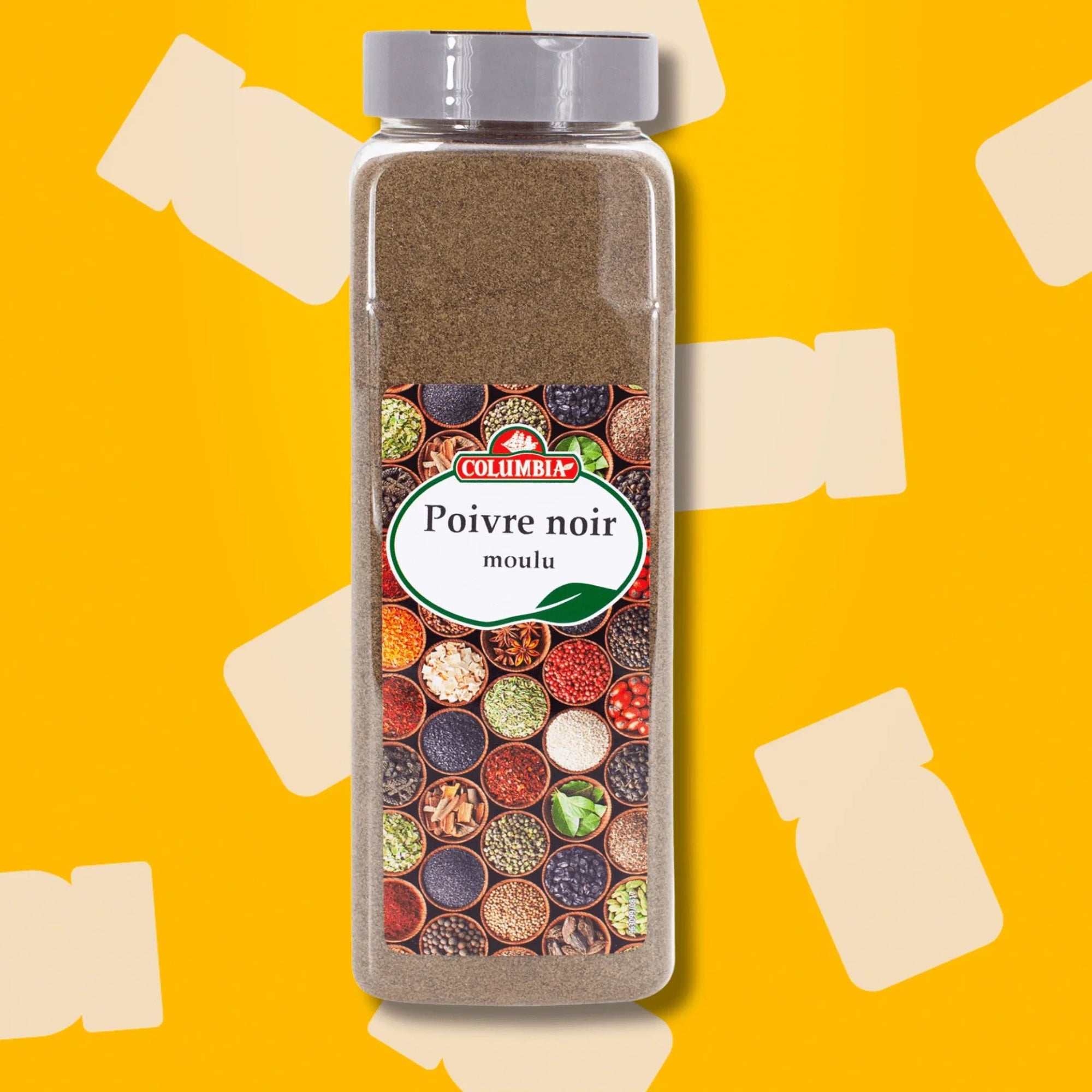 Boîte litre carrée de 550g de poivre noir moulu Columbia par Épices Fuchs, format professionnel économique à granulométrie fine pour la charcuterie et la restauration