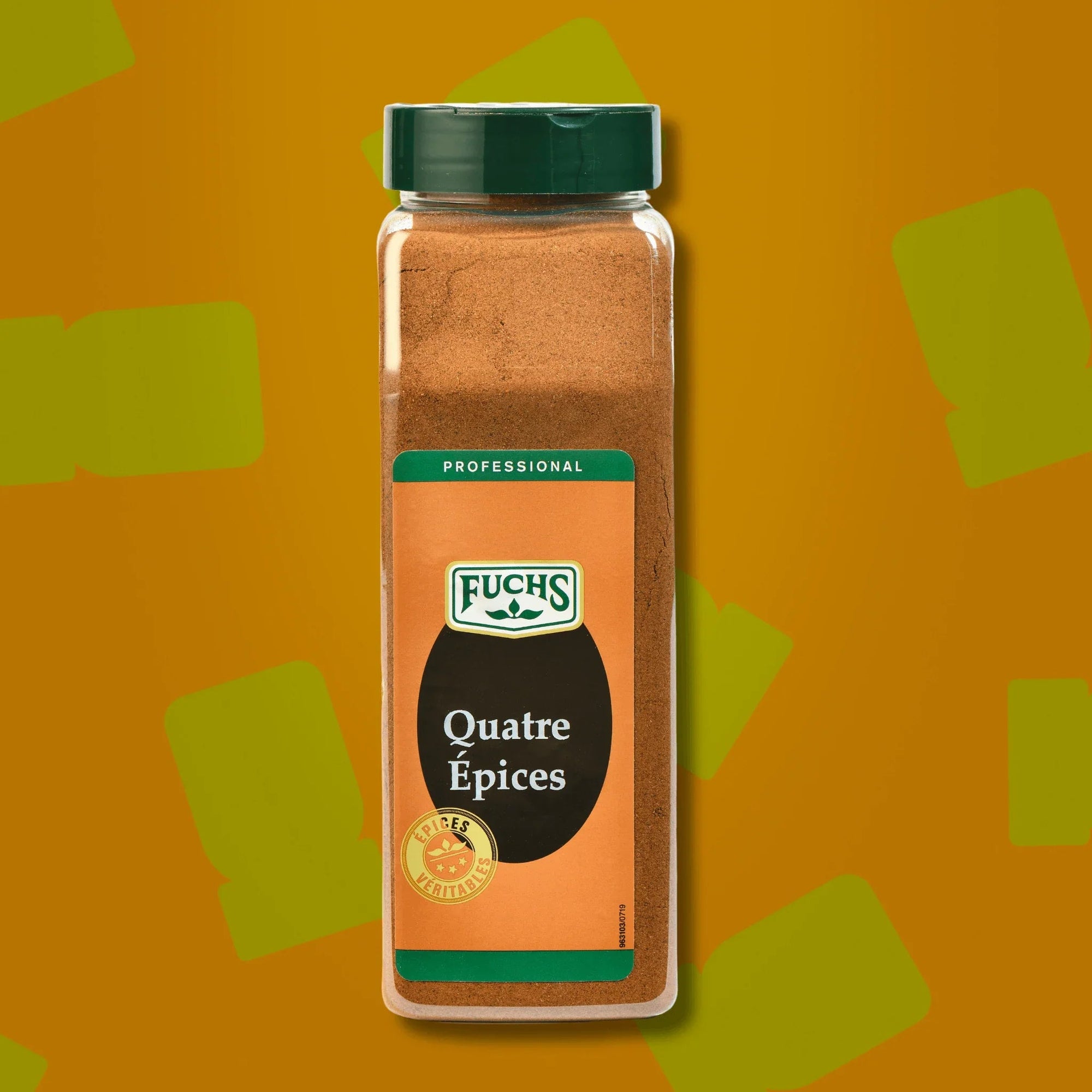 Boîte d'un litre de mélange quatre épices 420g Fuchs Pro, format professionnel facile à ranger et organiser en cuisine, idéal pour les terrines, pâtés, charcuteries et plats mijotés