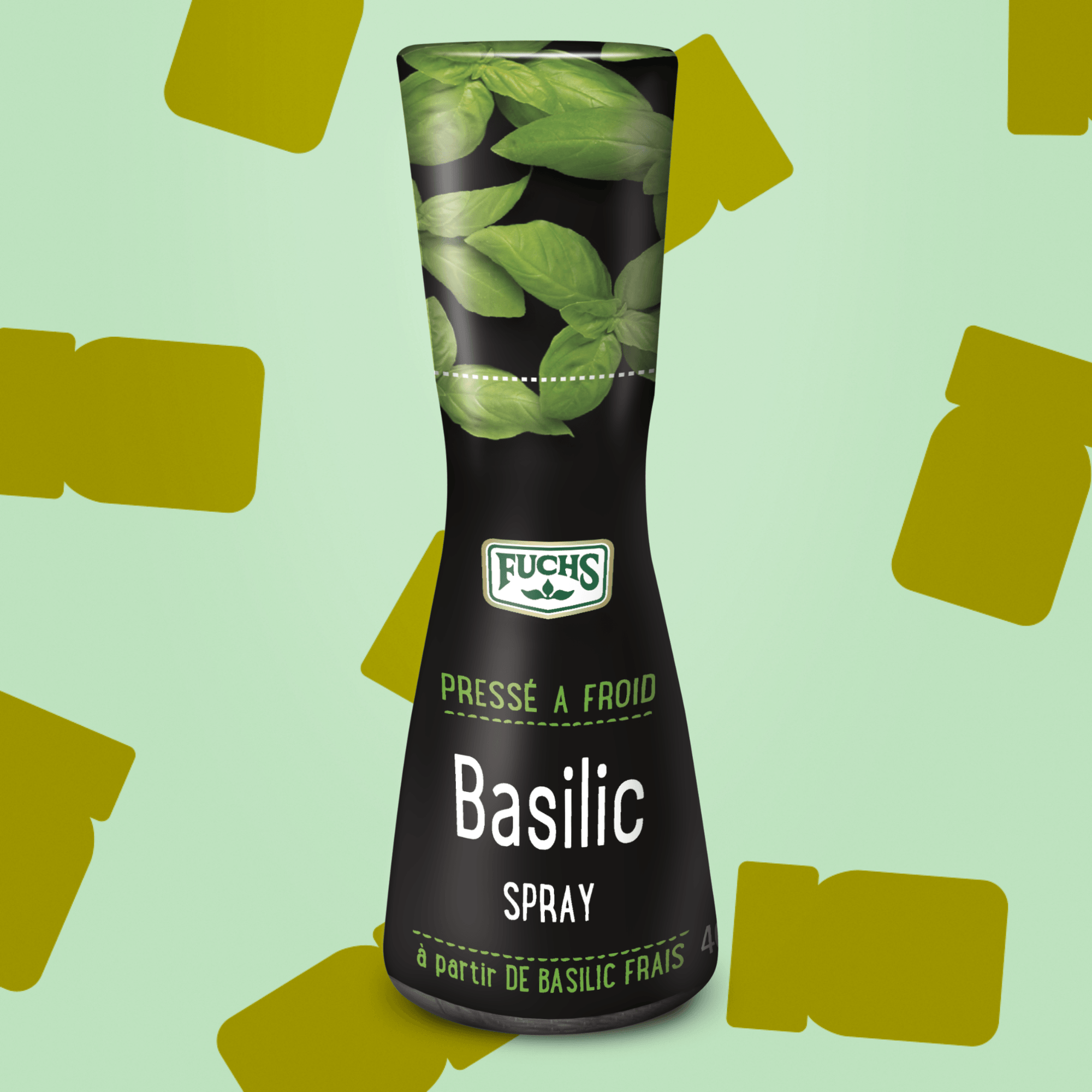Flacon spray de basilic extrait naturel 40ml Épices Fuchs, idéal pour vaporiser avec précision et relever les salades tomates-mozzarella caprese, plats de pâtes, pizzas et carpaccios
