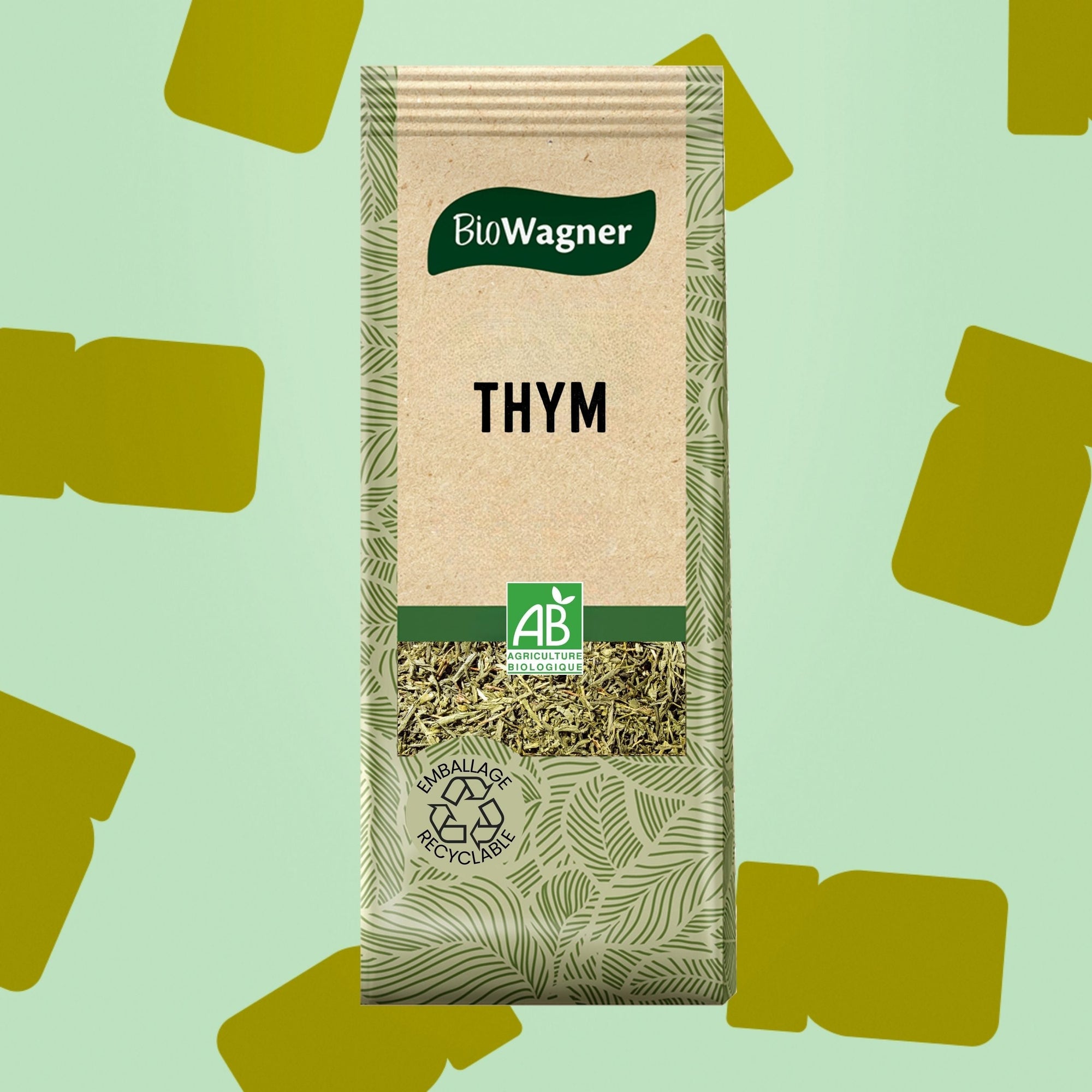 Sachet de thym bio 20g Biowagner certifié AB pour cuisine et infusions, avec feuilles de thym séché issues de l'agriculture biologique